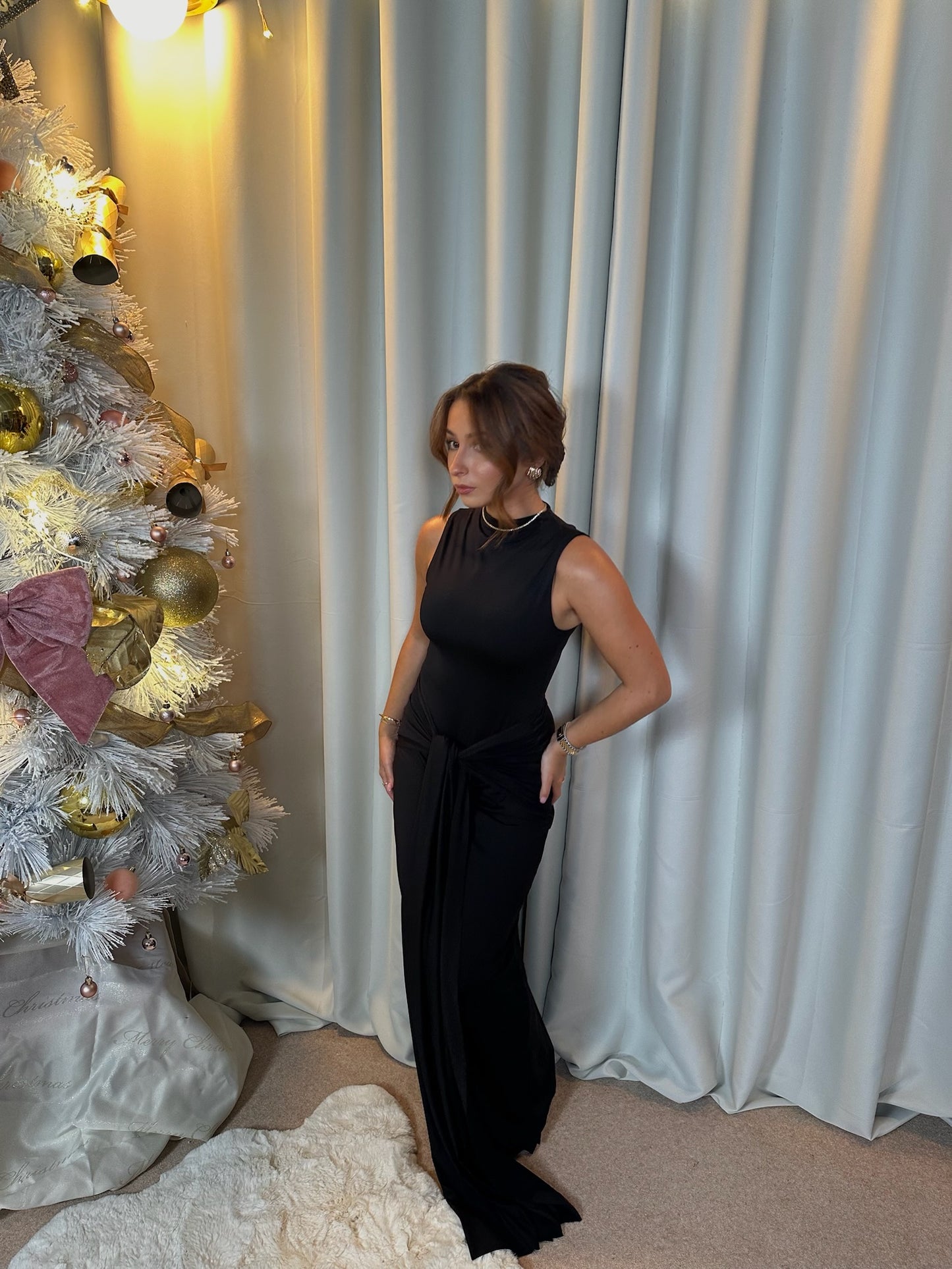 "Alexandra" Tie Drape Maxi Dress - Black