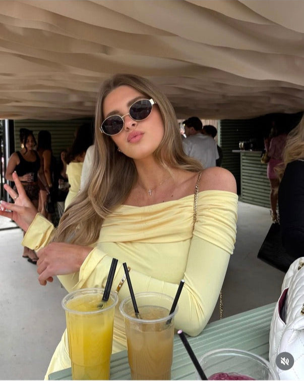 "Meadow" Off The Shoulder Ruched Mini Dress - Lemon