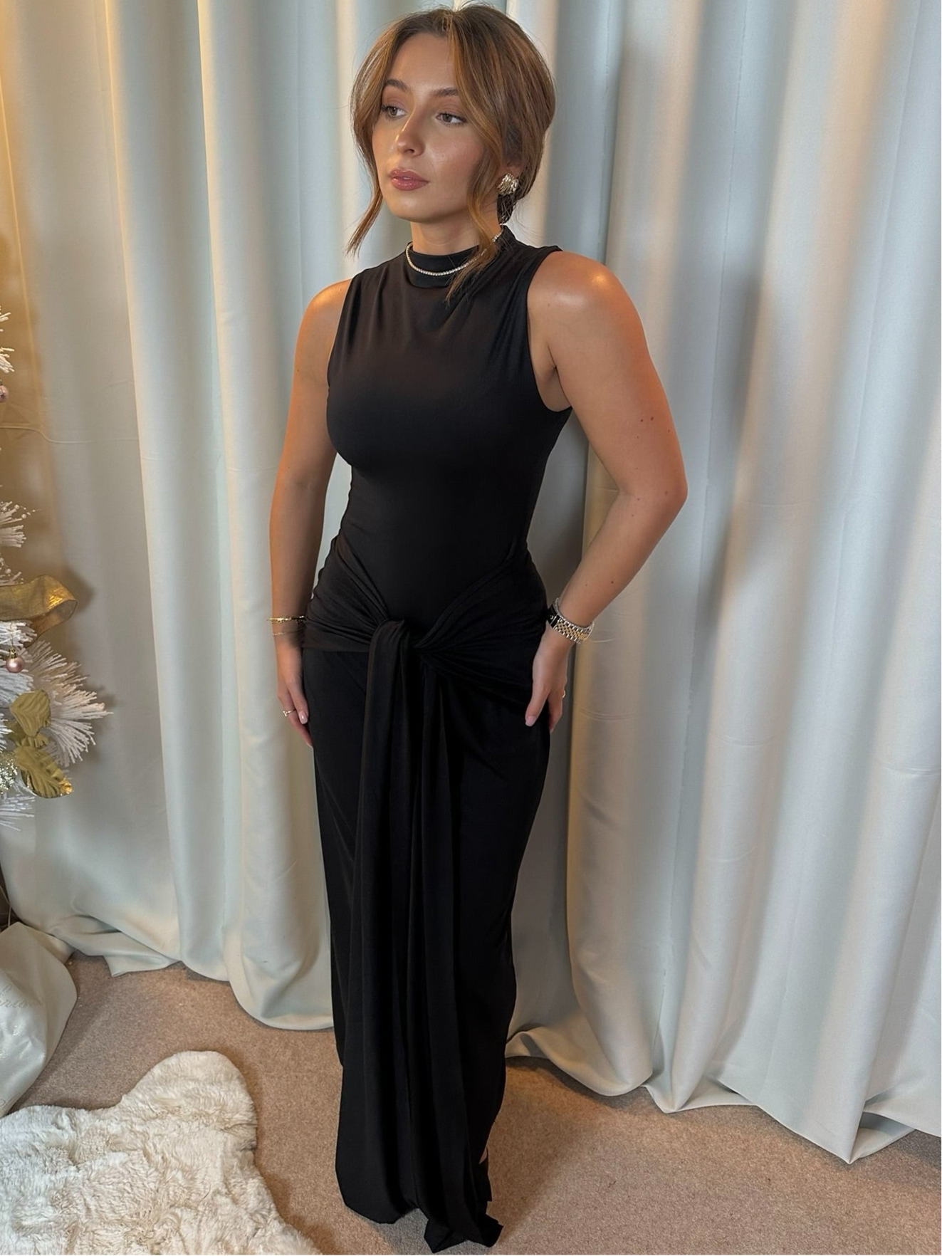 "Alexandra" Tie Drape Maxi Dress - Black