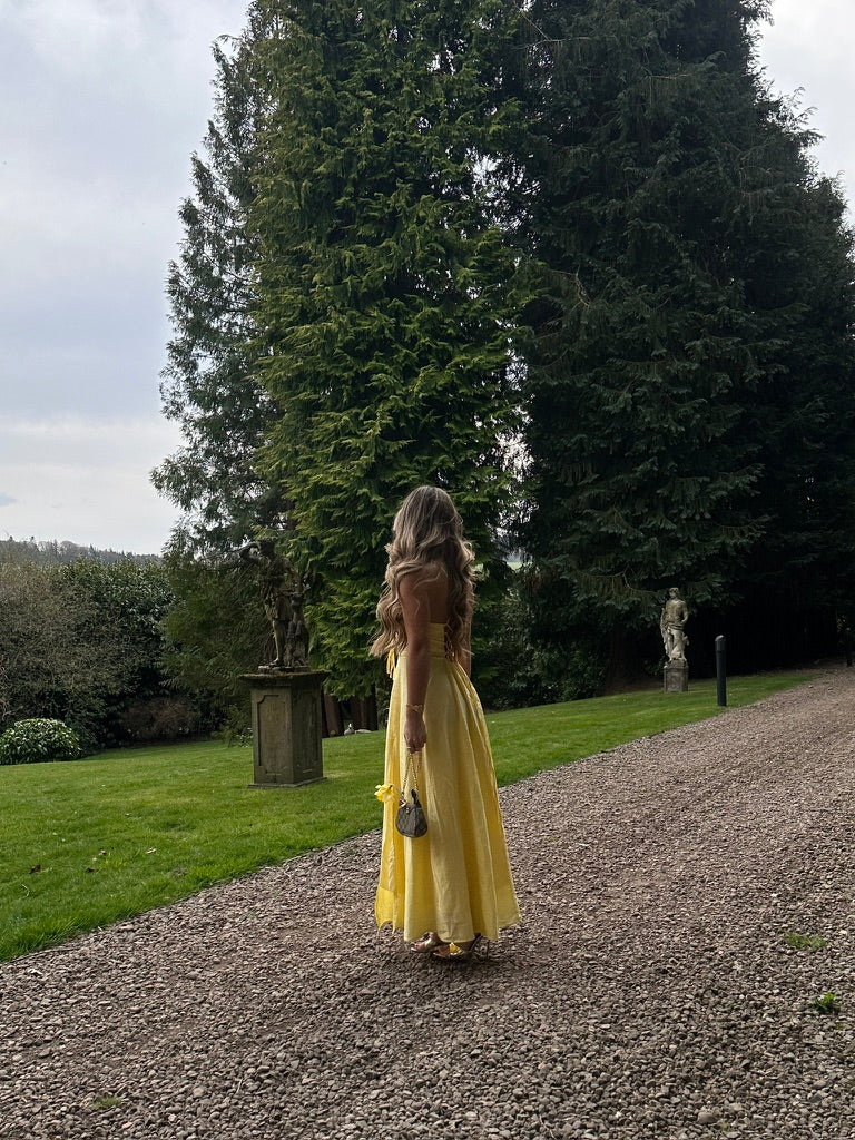 "Honey" Milkmaid Lace Up Midaxi Dress with Side Split - Yellow