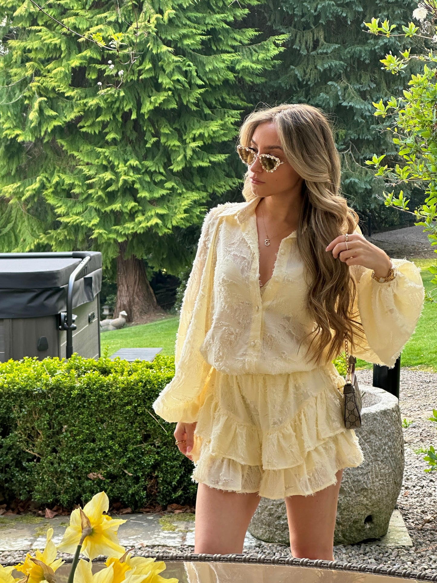 "Limoncello" Textured Blouse and Skort Co-ord - Pastel Yellow