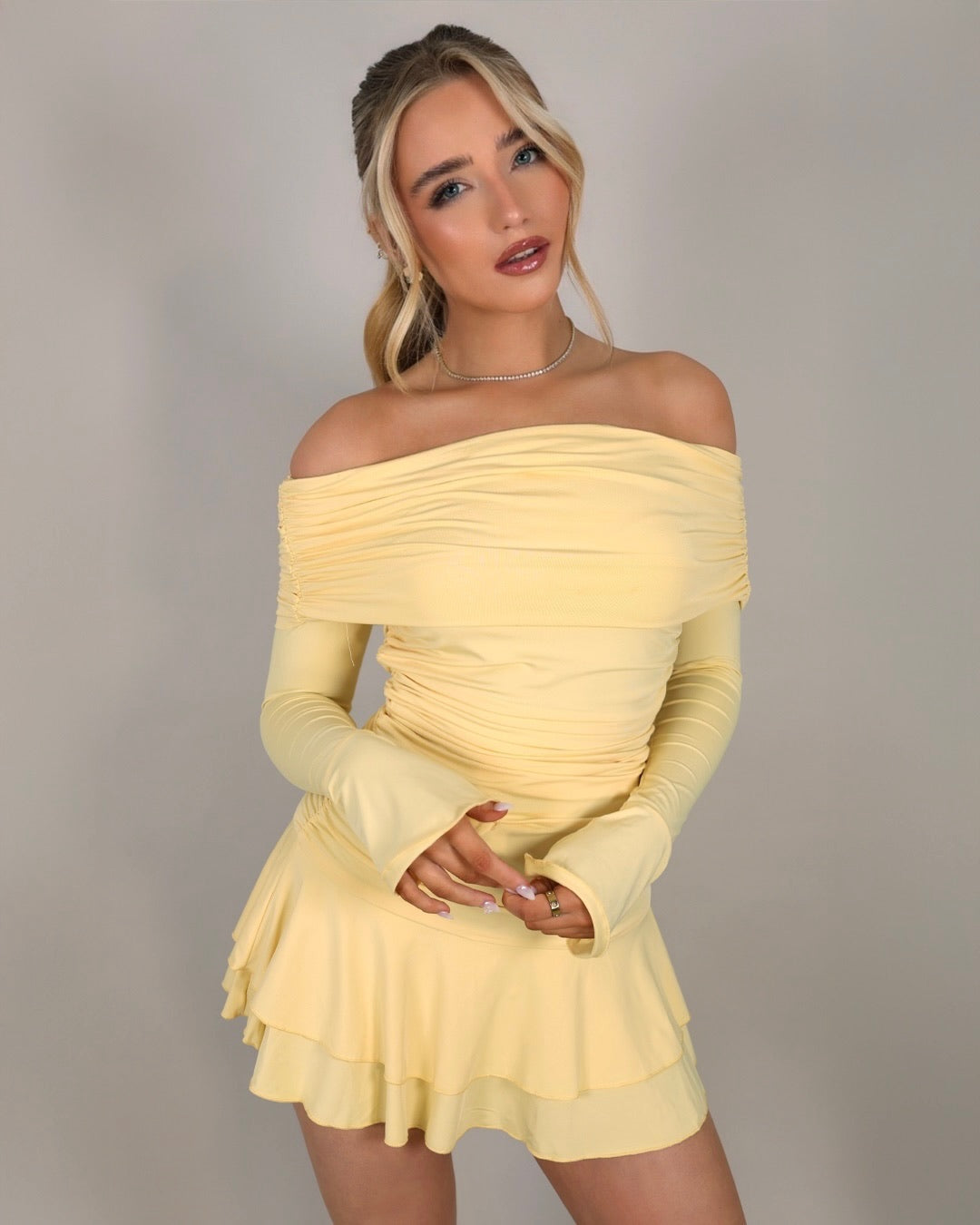 "Meadow" Off The Shoulder Ruched Mini Dress - Lemon