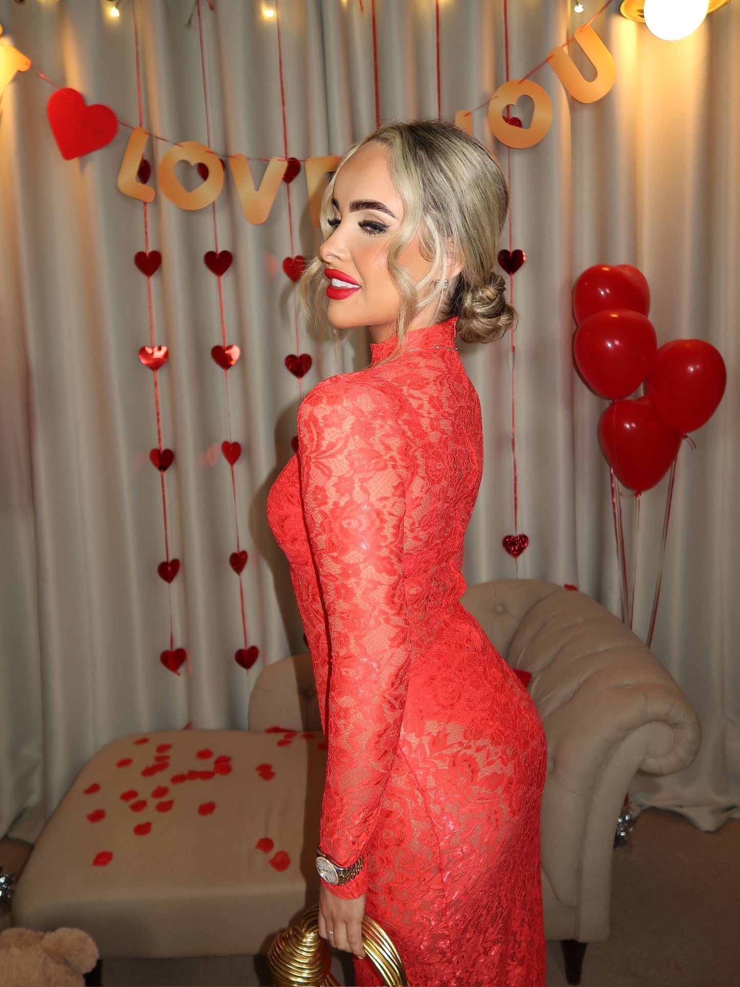 "Esme" Lace Bodycon Maxi Dress In Cherry Red