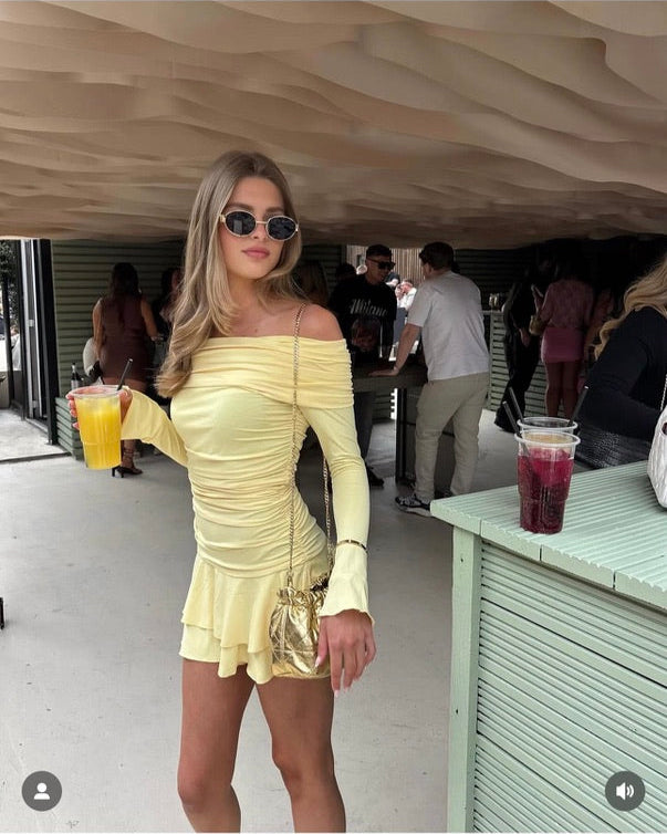"Meadow" Off The Shoulder Ruched Mini Dress - Lemon