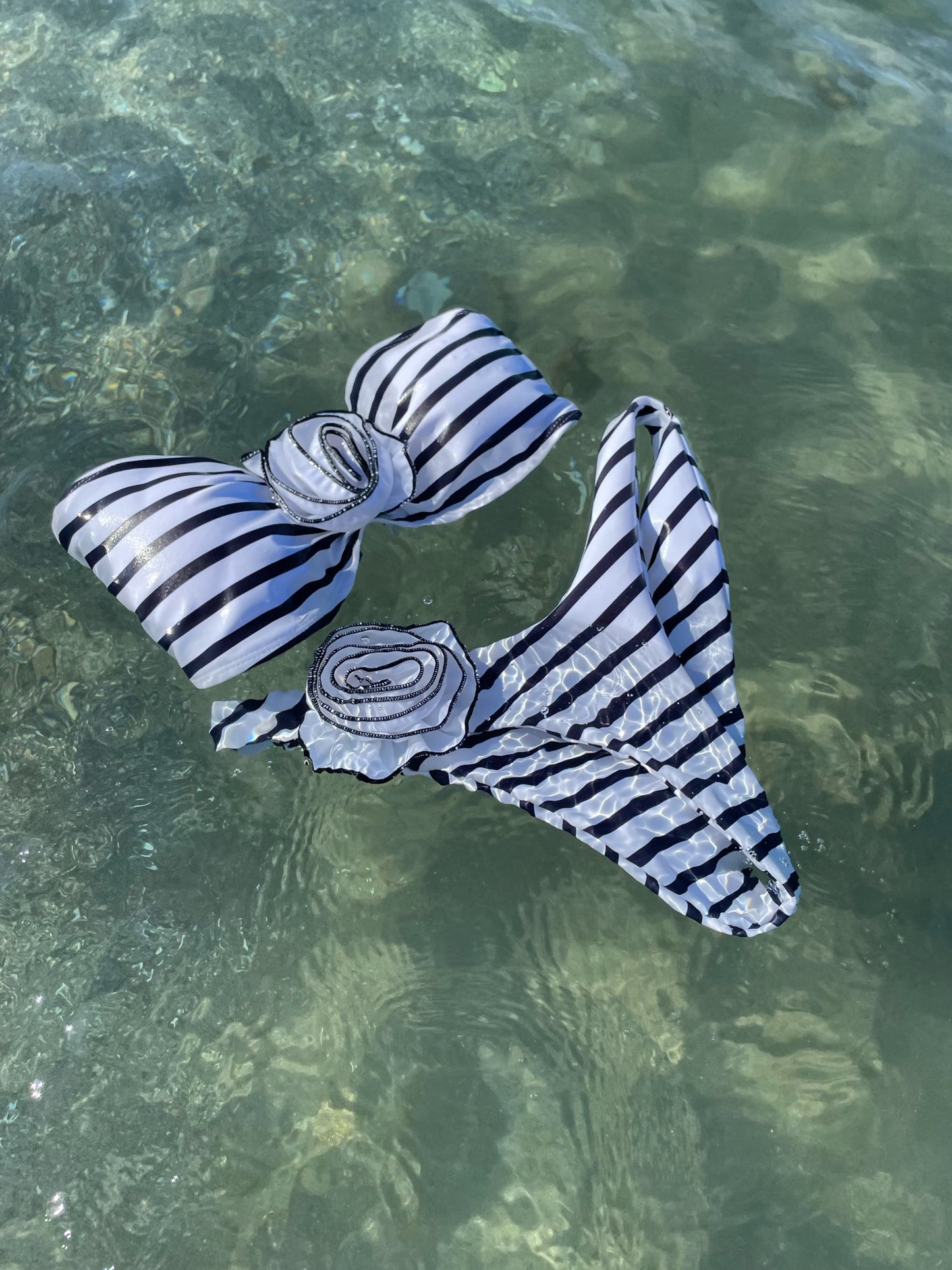 “Cannes” Bandeau Rose Bikini - Black Stripe
