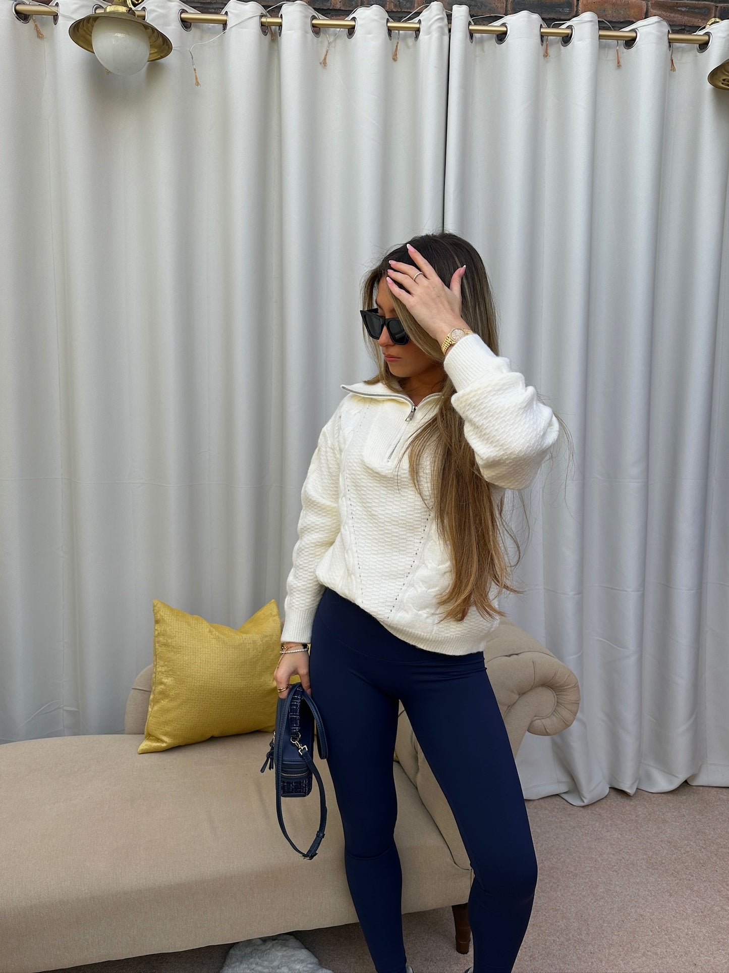 "Hollie" Braided Knit Quarter Zip Jumper - Cream