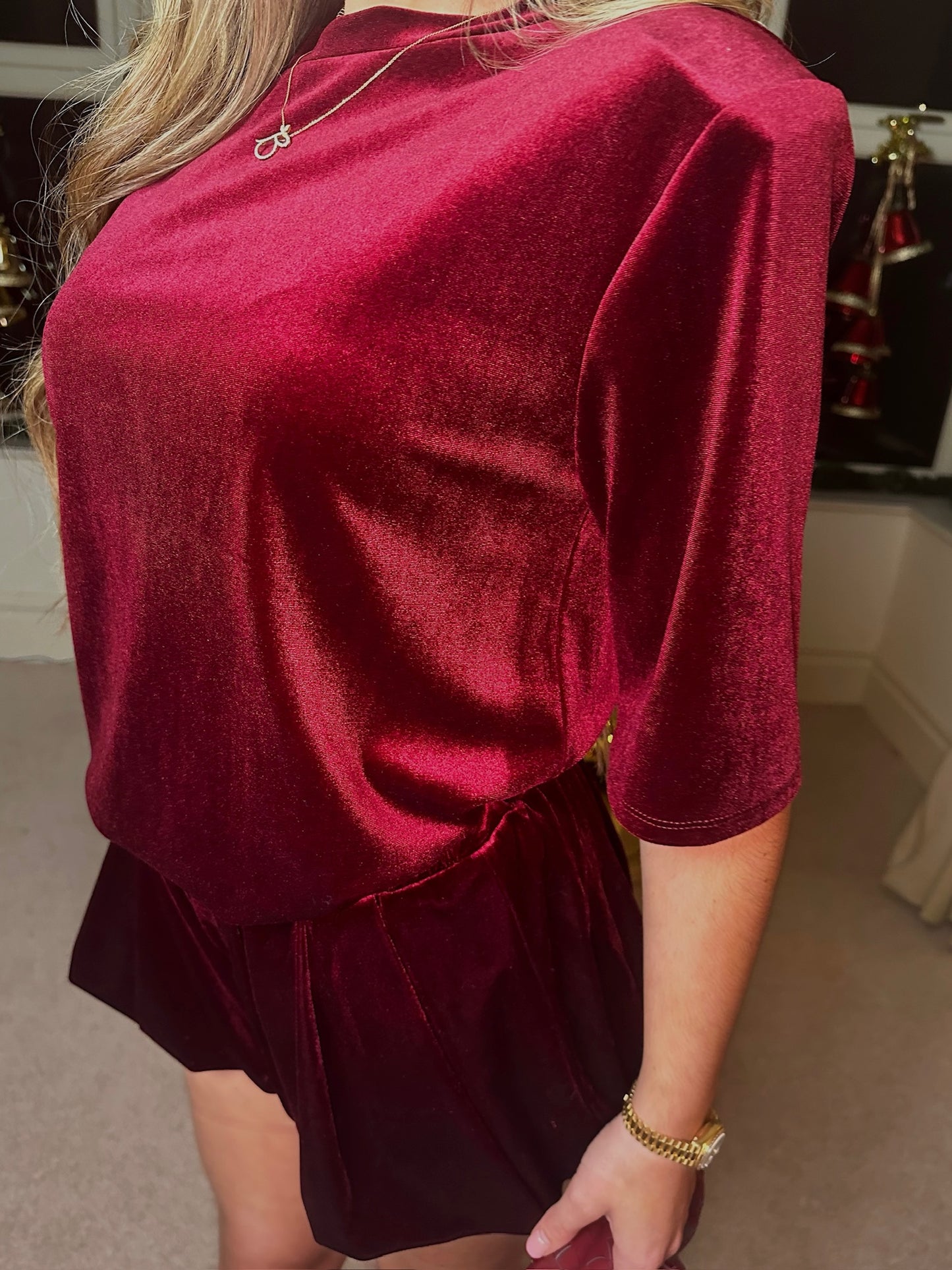 "Belle" Velvet Puff Ball Co-ord - Burgundy