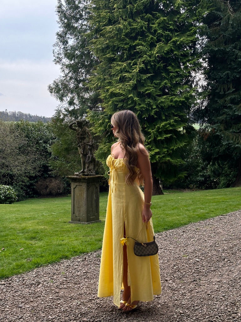 "Honey" Milkmaid Lace Up Midaxi Dress with Side Split - Yellow