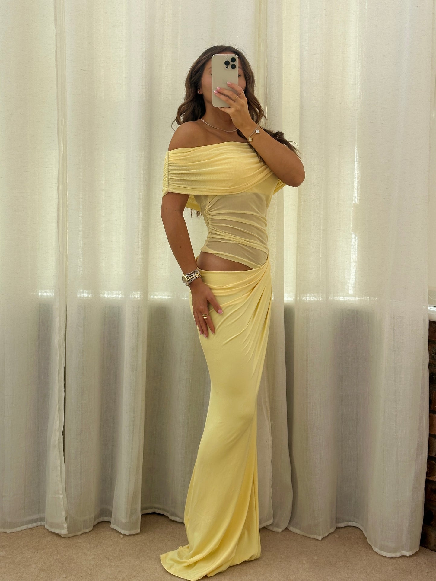 "Summer" Bardot Mesh Cut Out Maxi Dress - Butter Yellow