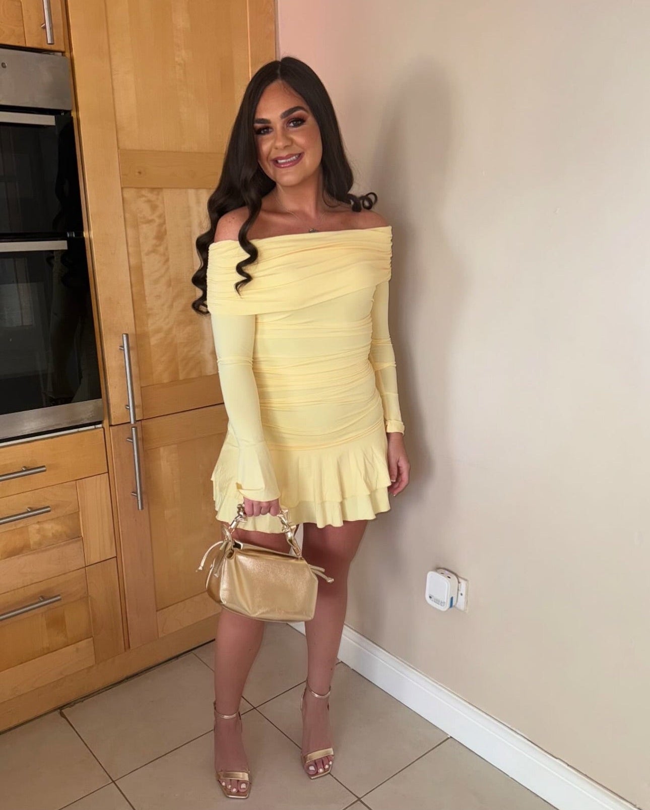 "Meadow" Off The Shoulder Ruched Mini Dress - Lemon