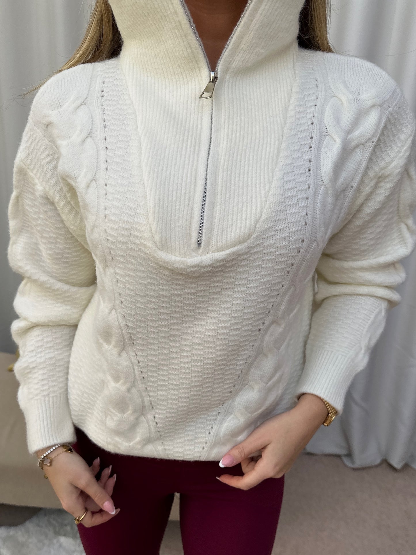 "Hollie" Braided Knit Quarter Zip Jumper - Cream