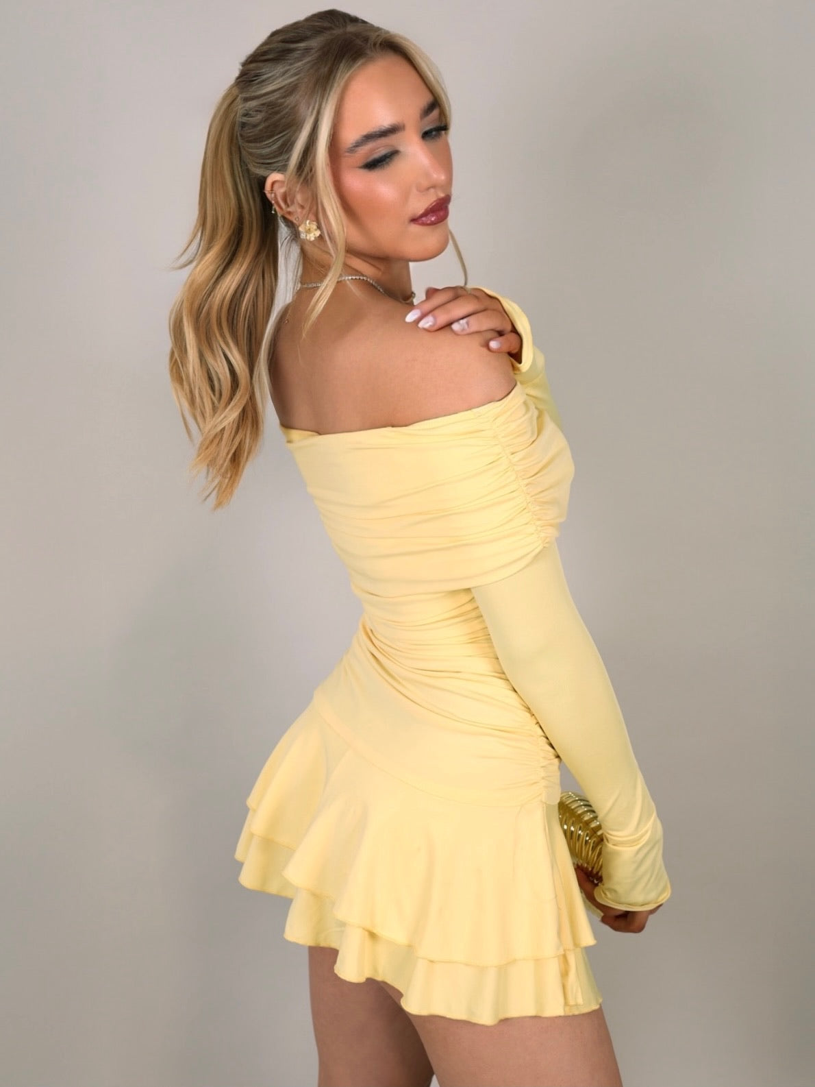 "Meadow" Off The Shoulder Ruched Mini Dress - Lemon