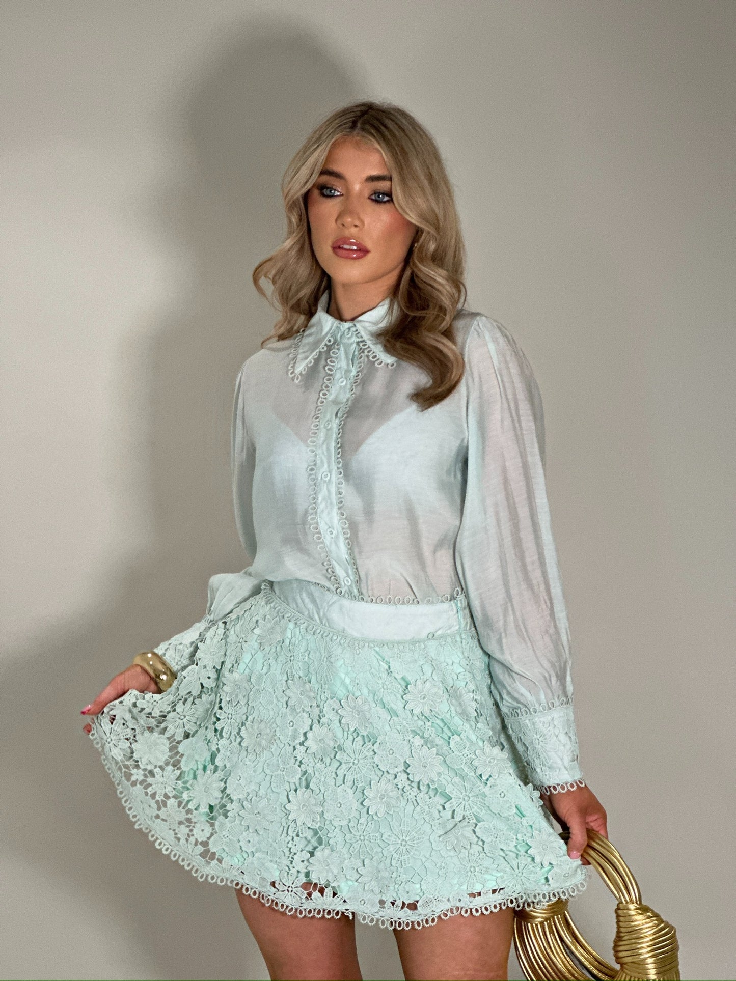 "Faith" Sheer Blouse Skirt Co-ord - Mint