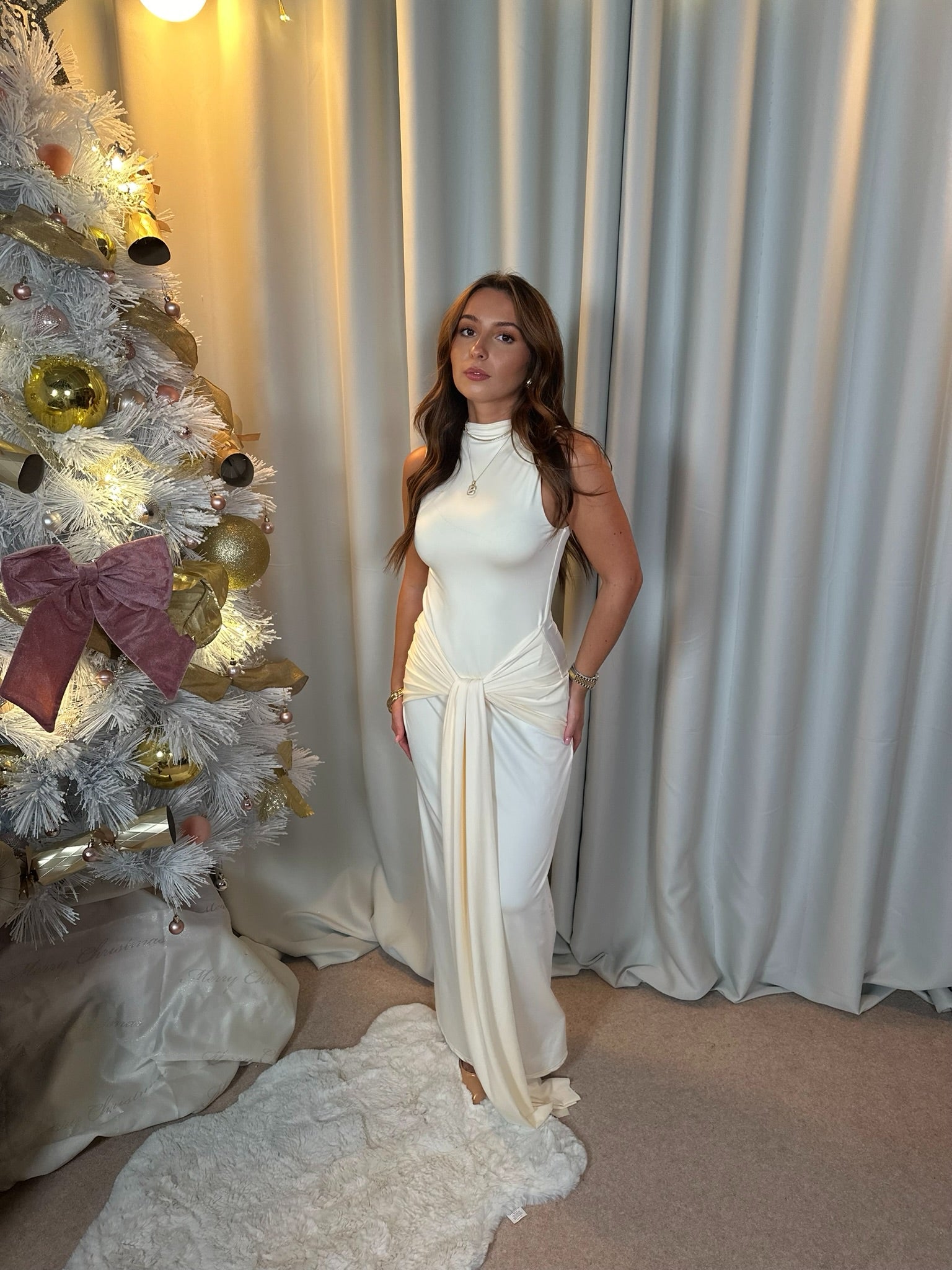 cream drape dress Women's Cream Corset Plunge Drape Maxi Dress