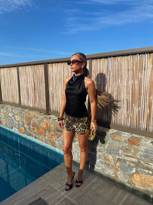 "Cleo" High Waisted Denim Shorts - Leopard