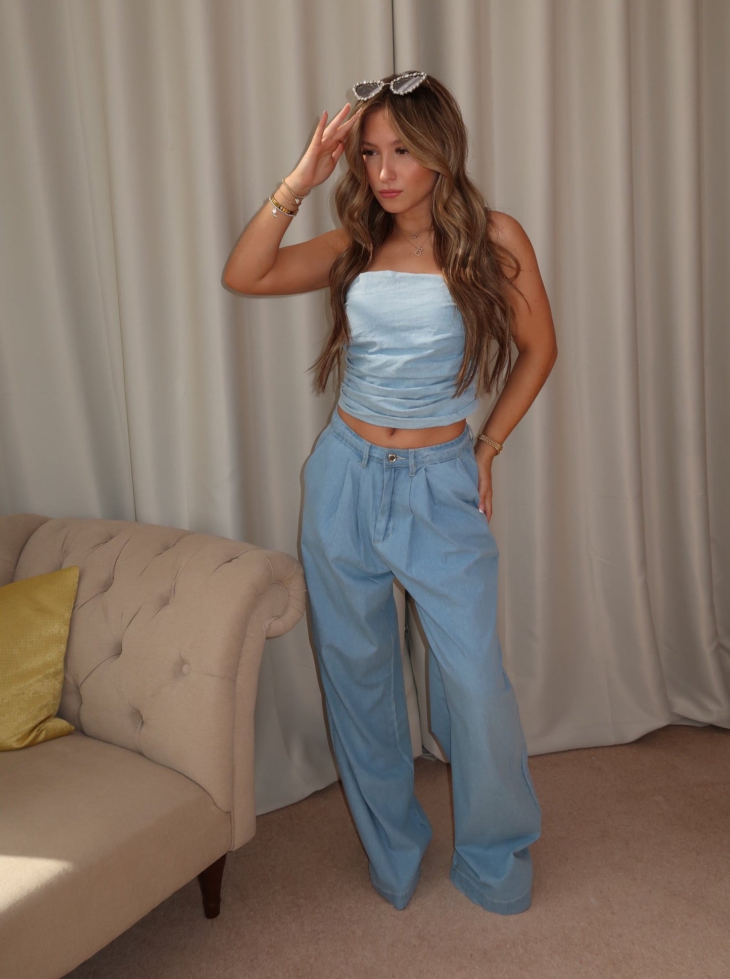 “Renee” Denim Bandeau Top and Drop Waist Trousers Co-ord