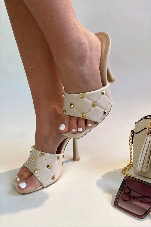 "Golden Girl" Cream Gold Studded Mule Heels