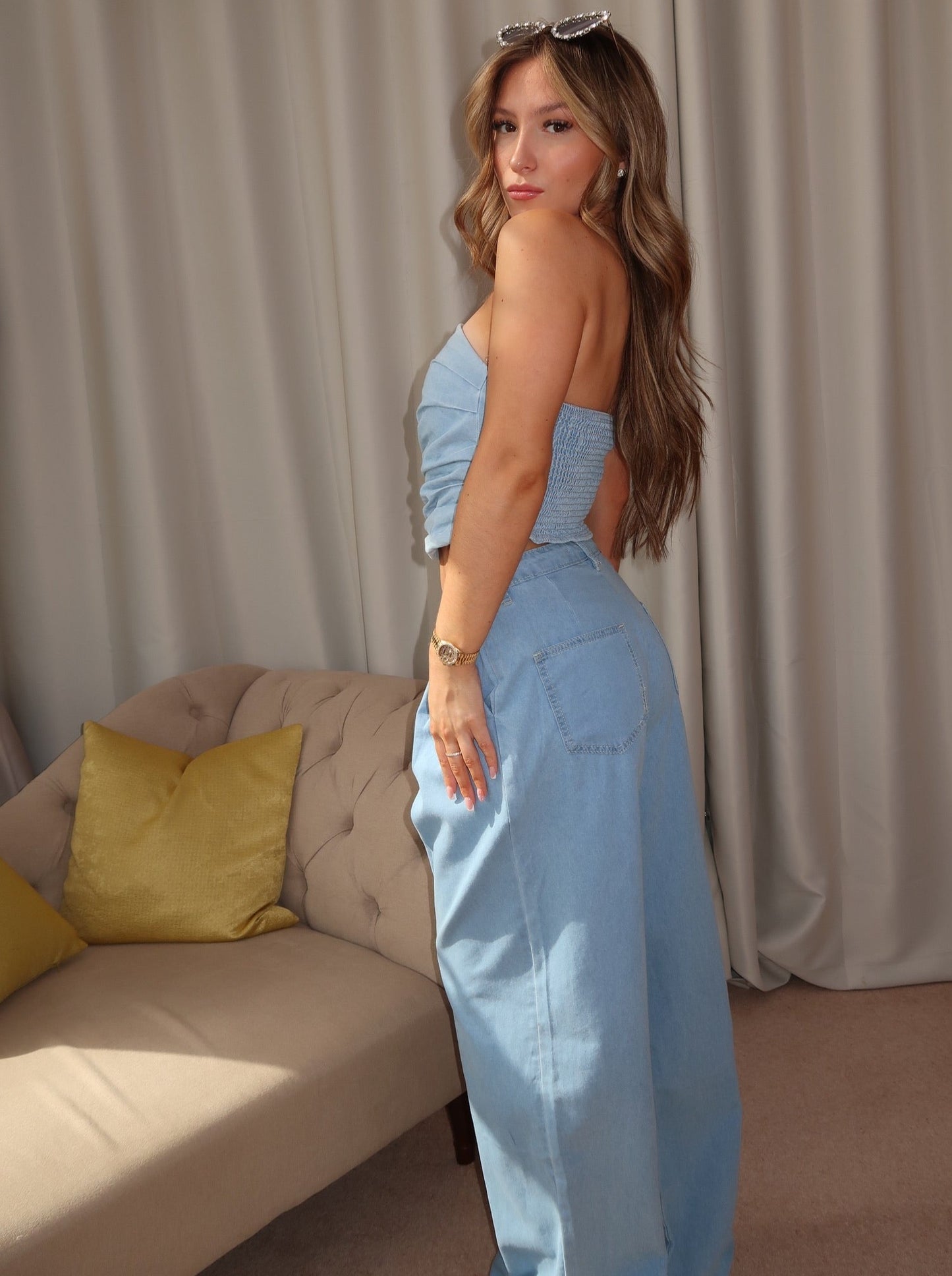 “Renee” Denim Bandeau Top and Drop Waist Trousers Co-ord