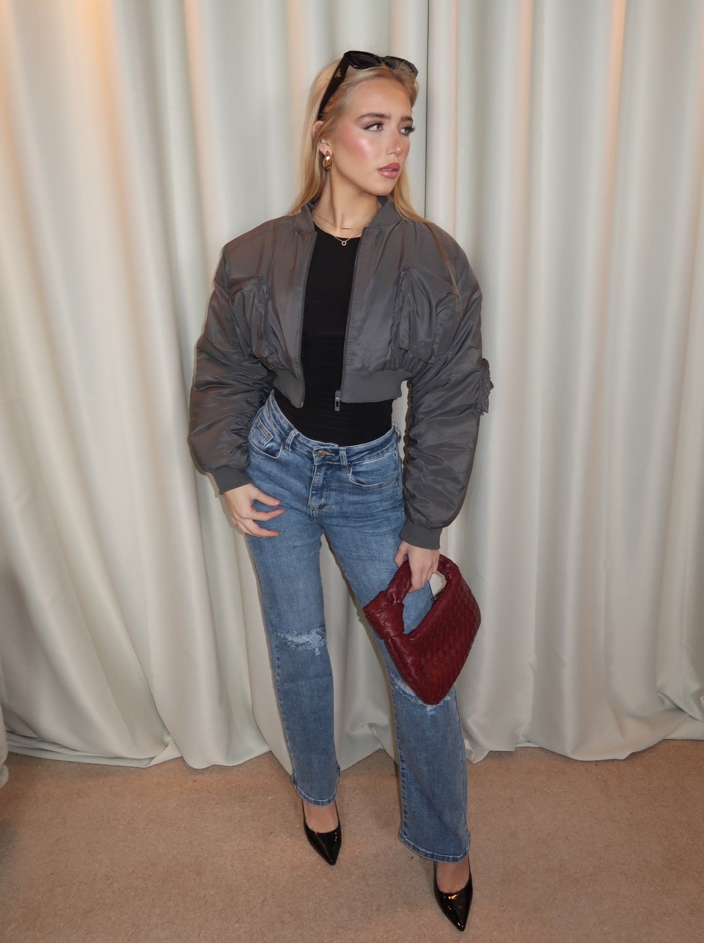 "Toni" Cropped Bomber Jacket In Grey