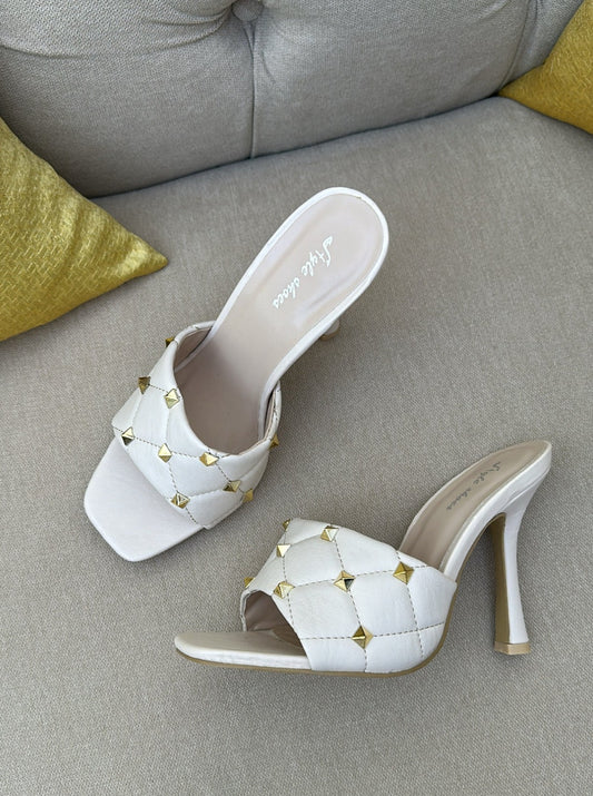 "Golden Girl" Cream Gold Studded Mule Heels