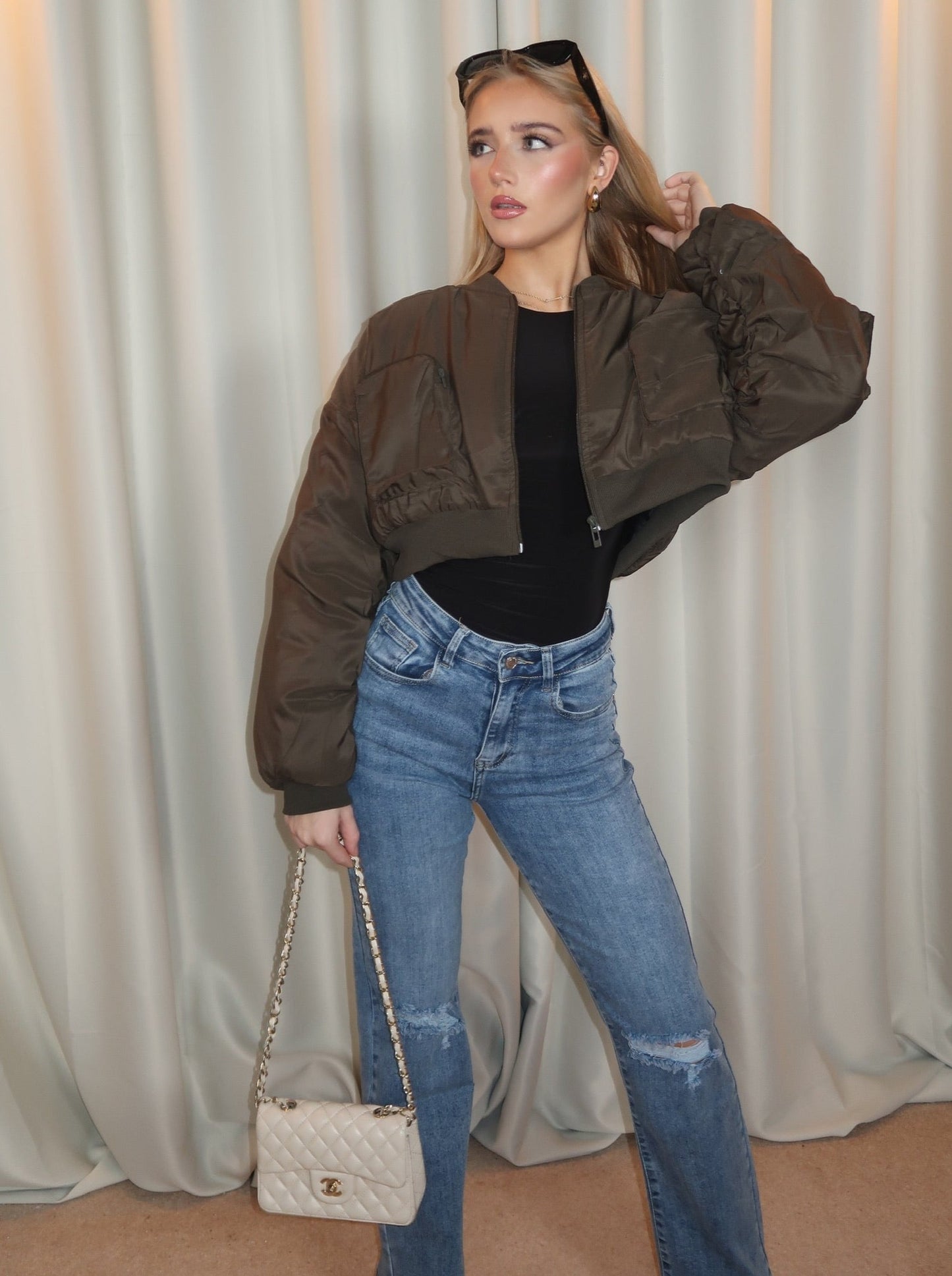 "Toni" Cropped Bomber Jacket In Khaki