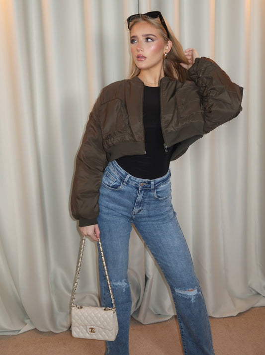 "Toni" Cropped Bomber Jacket In Khaki