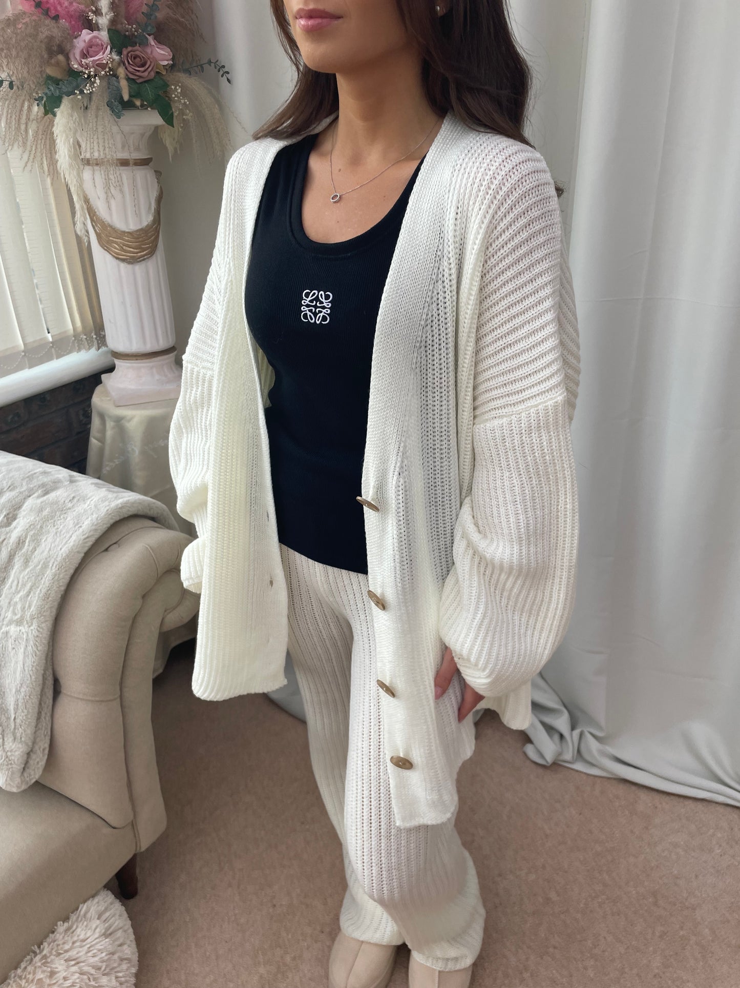 “Amanda” Oversized Knitted Cardigan Set in Cream