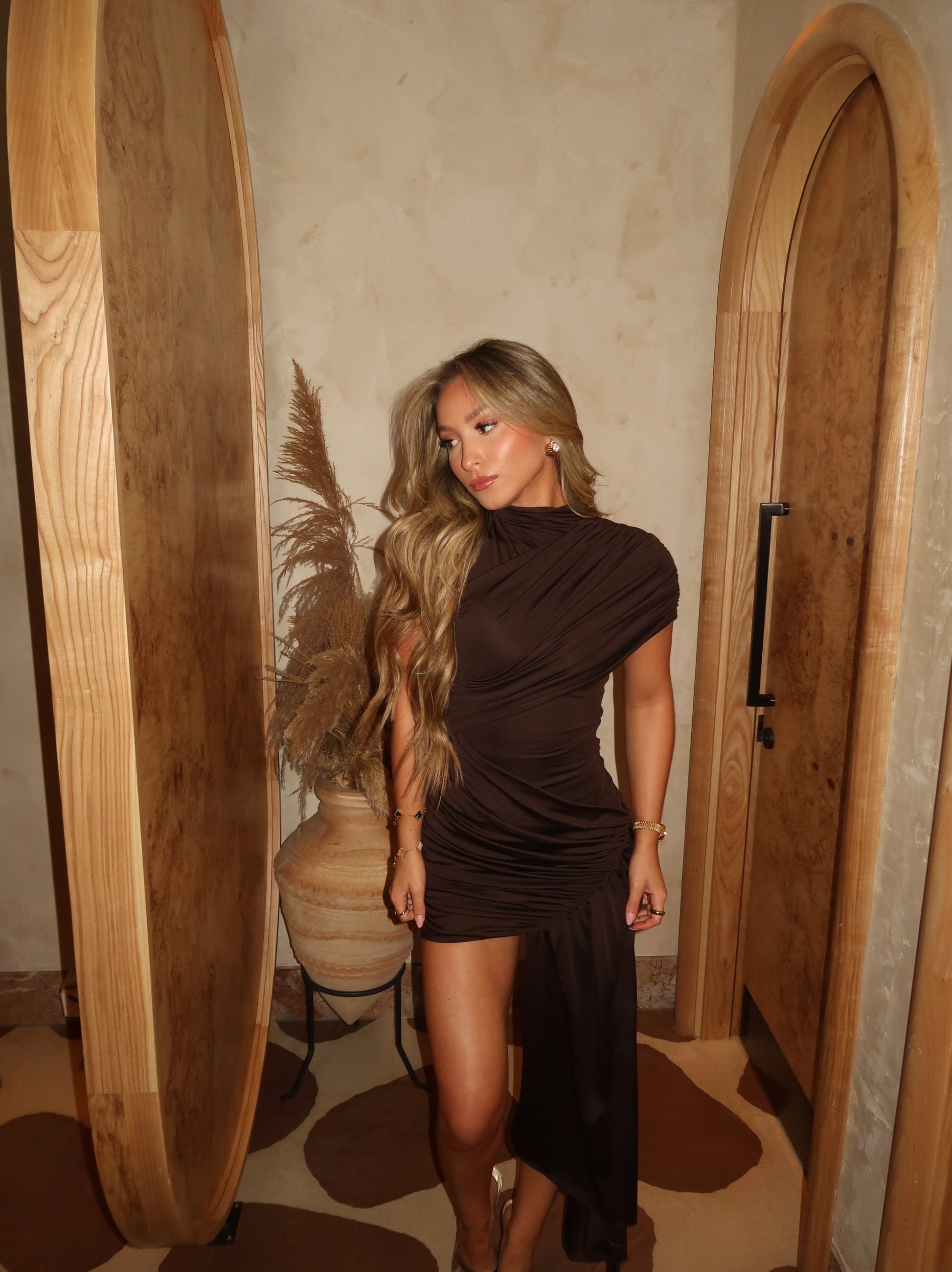 Marla Soft Drape High Neck Mini Dress - Chocolate - Small 6-8 Marla Soft Drape High Neck Mini Dress - Chocolate - Small 6-8