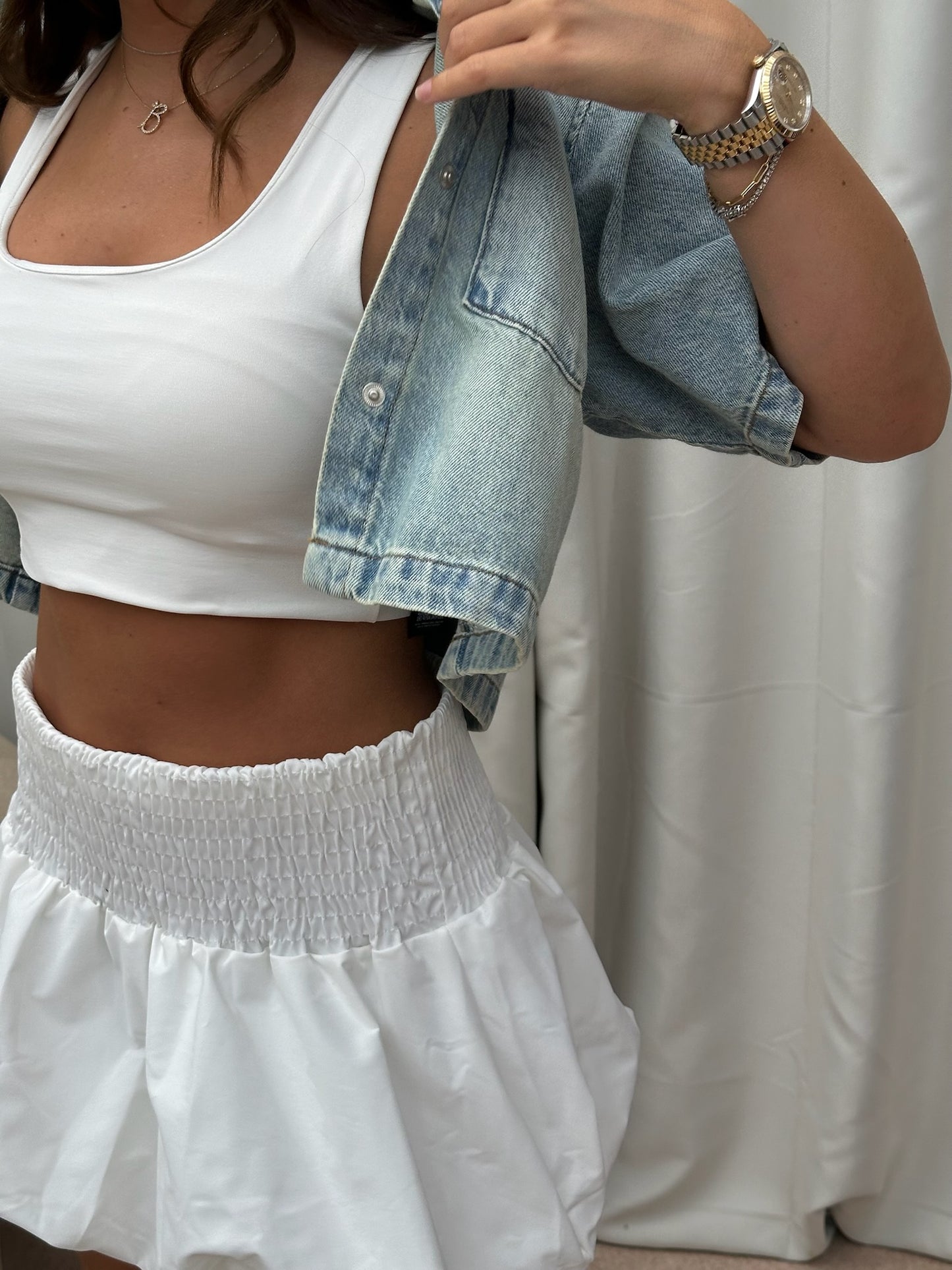 "Millie" Shirred Waist Puff Ball Skirt in White