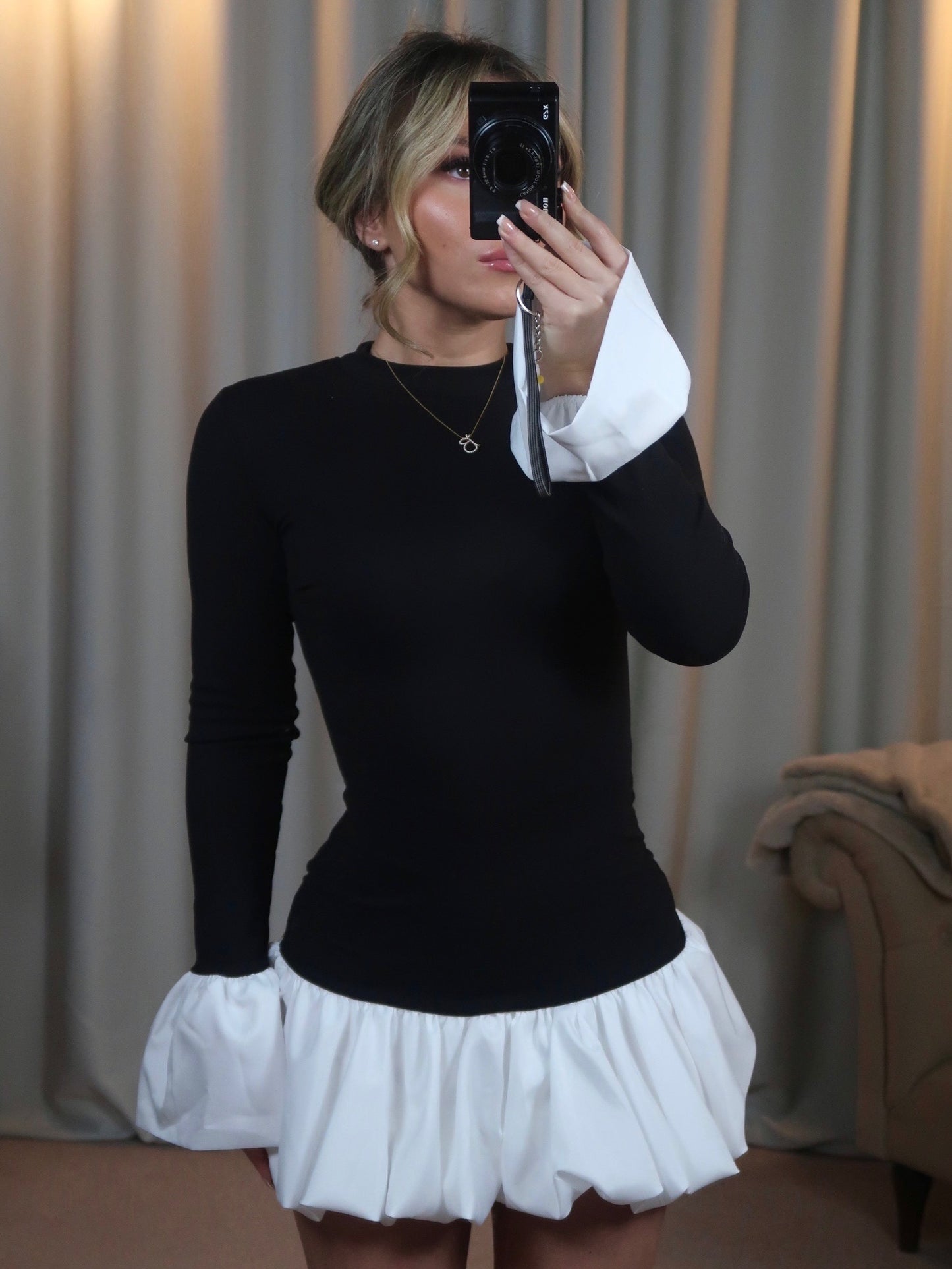 "Madelyn" Long Sleeve Contrast Puff Ball Mini Dress