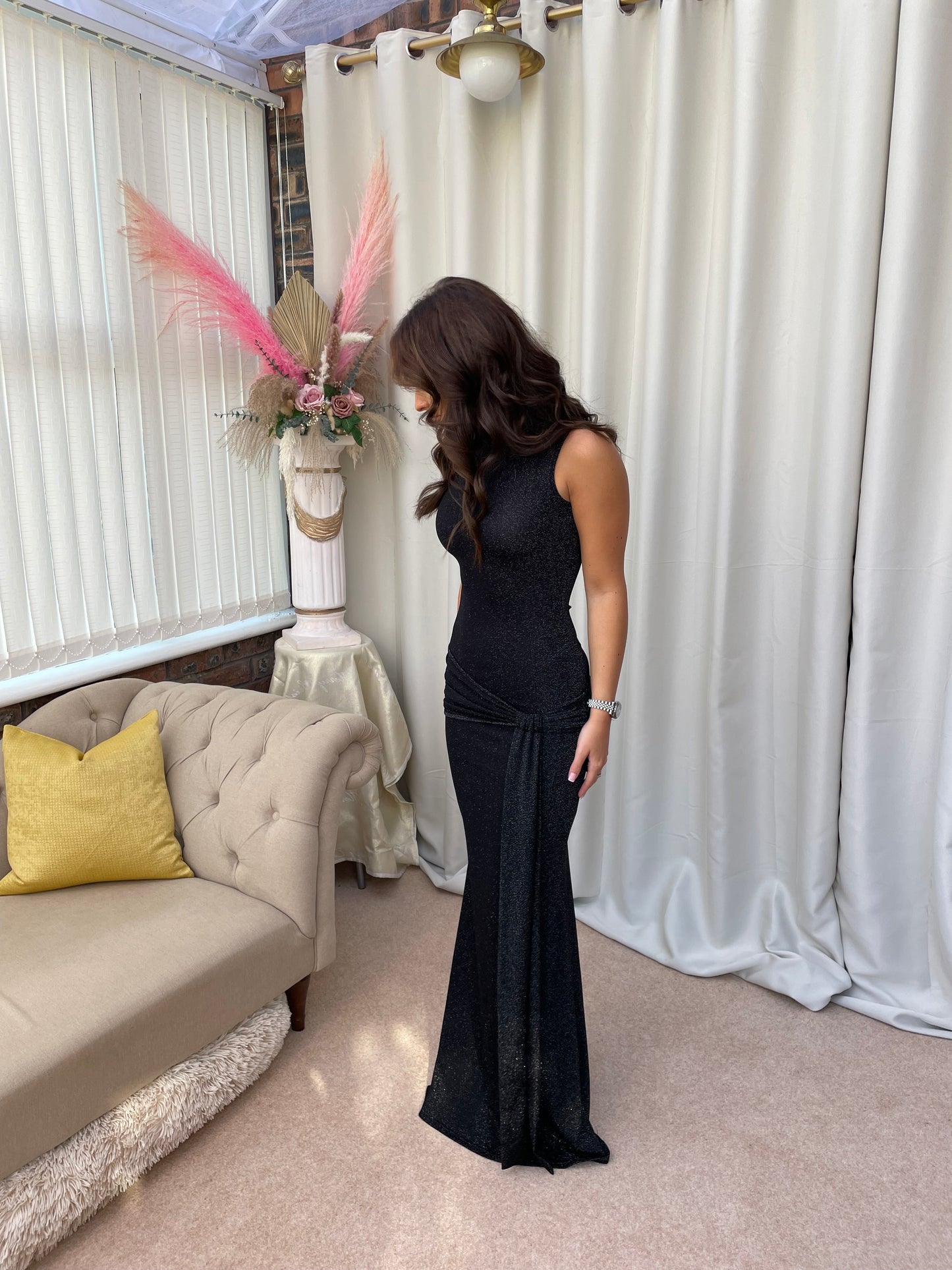 “Naomi” Luxe Black Drape Detailed Maxi Dress