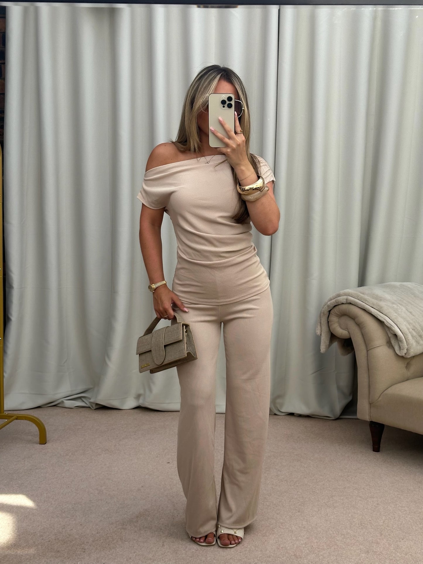 "Cristie" Soft Rib Off The Shoulder Co-ord in Beige