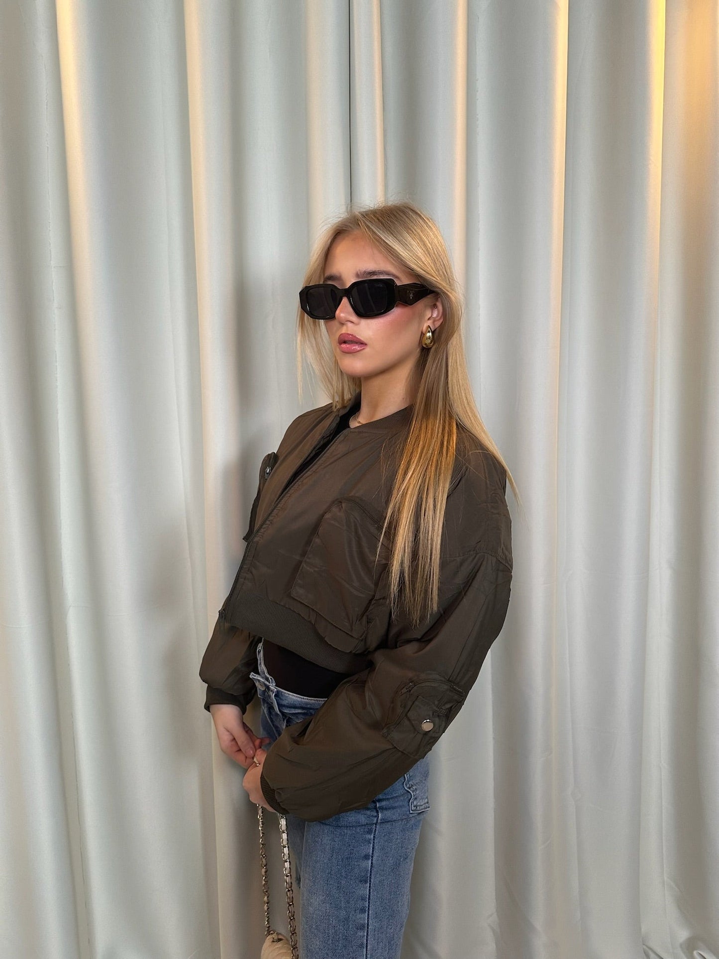 "Toni" Cropped Bomber Jacket In Khaki