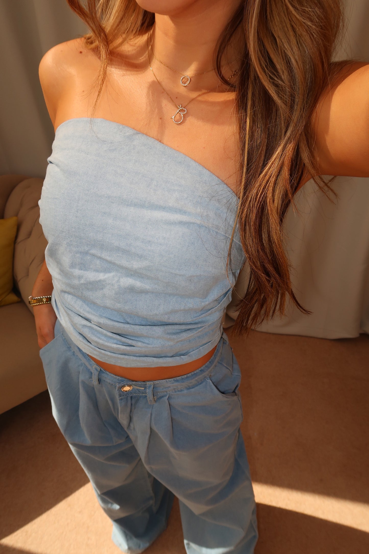 “Renee” Denim Bandeau Top and Drop Waist Trousers Co-ord