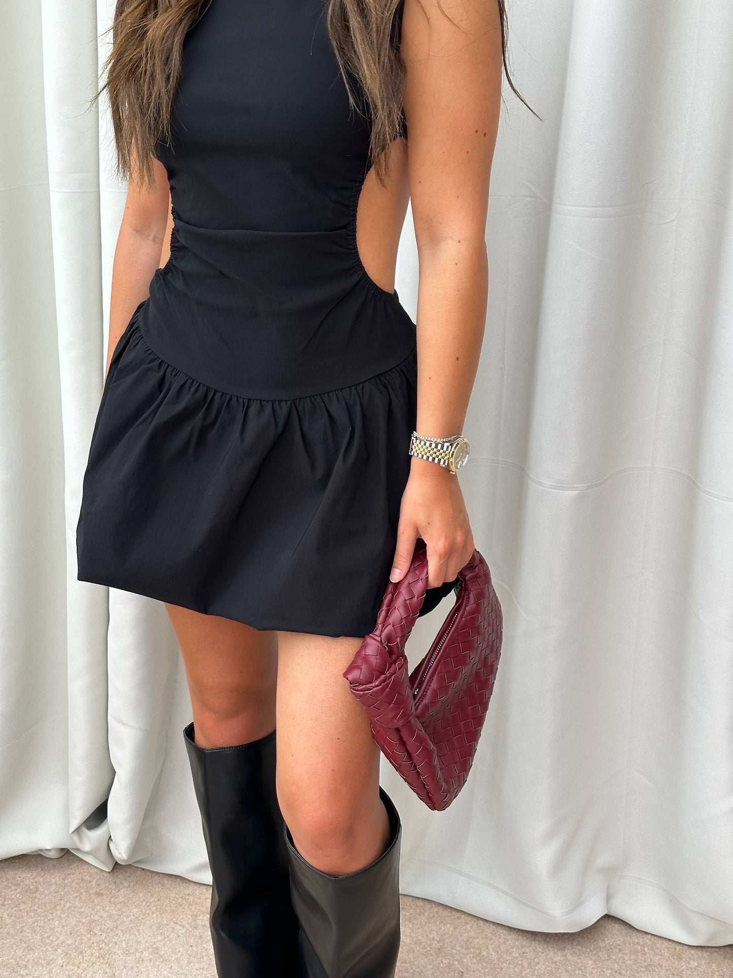 "Olivia" Backless Puff Ball Mini Dress in Black