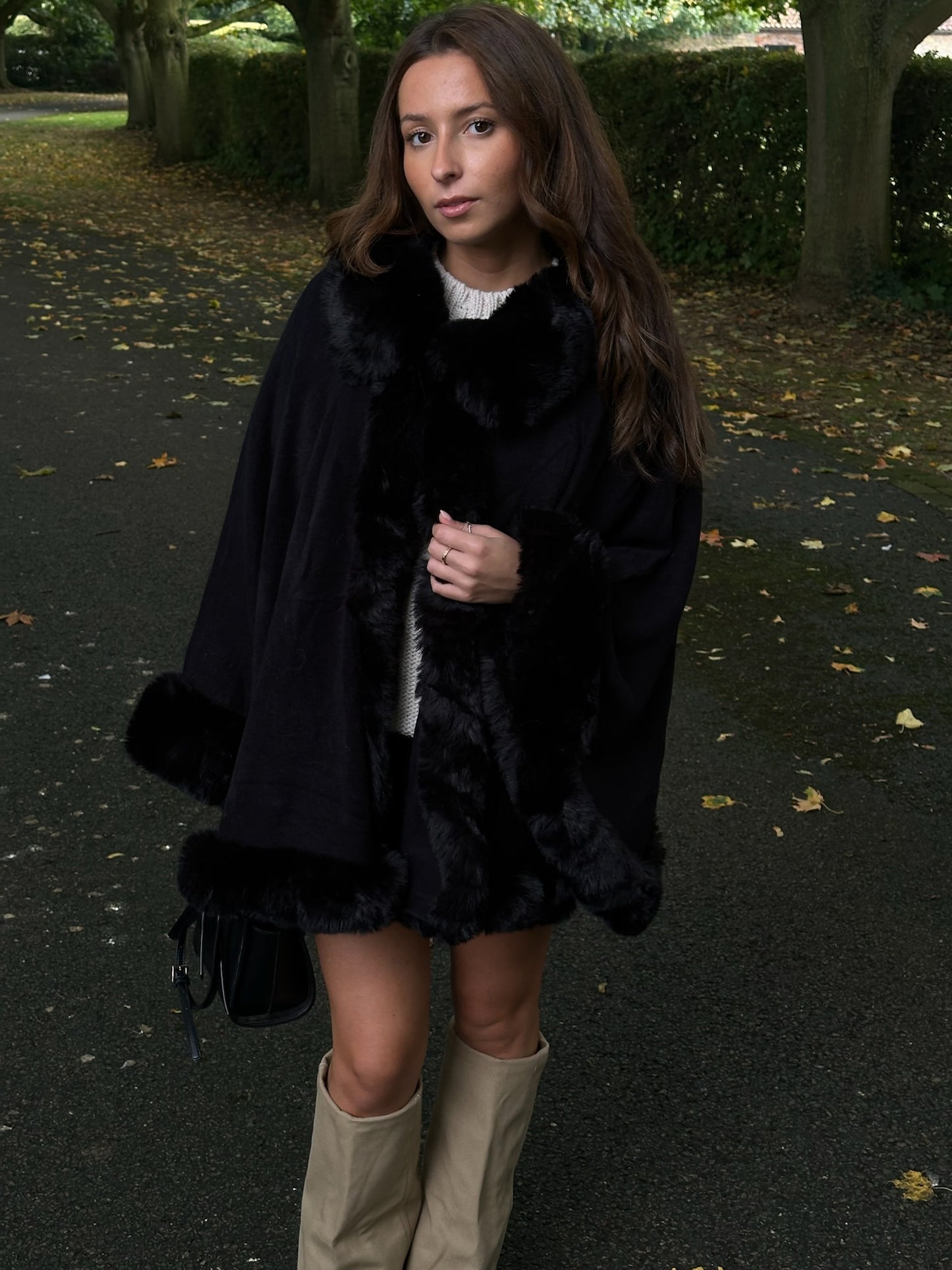 "Meribel" Faux Fur Cape in Black