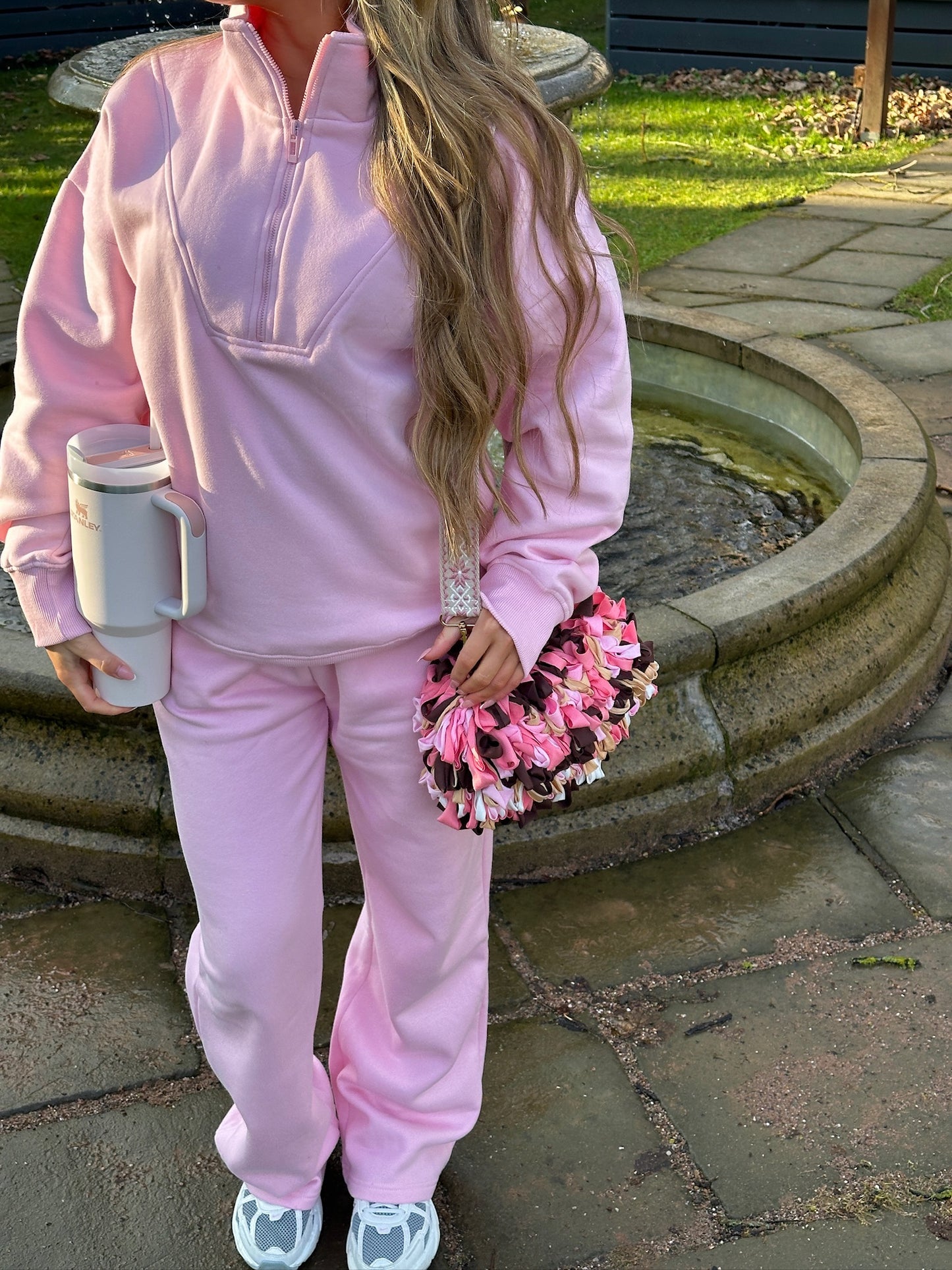 "Jessie" Quarter Zip Fleece Tracksuit in Baby Pink