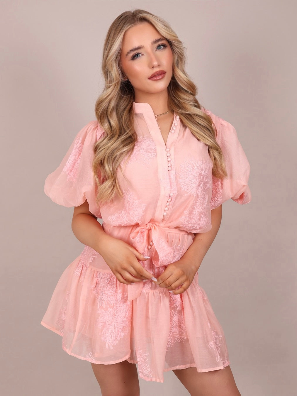 "Chloe" Puff Sleeve Floral Embroidered Mini Dress - Coral