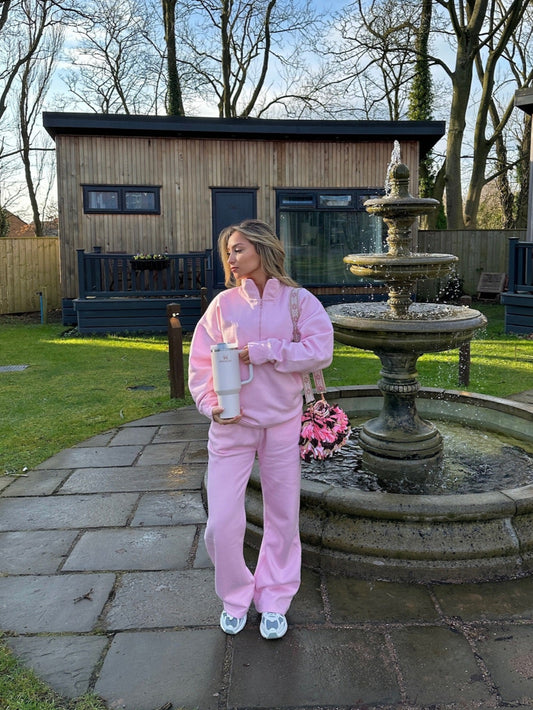 "Jessie" Quarter Zip Fleece Tracksuit in Baby Pink