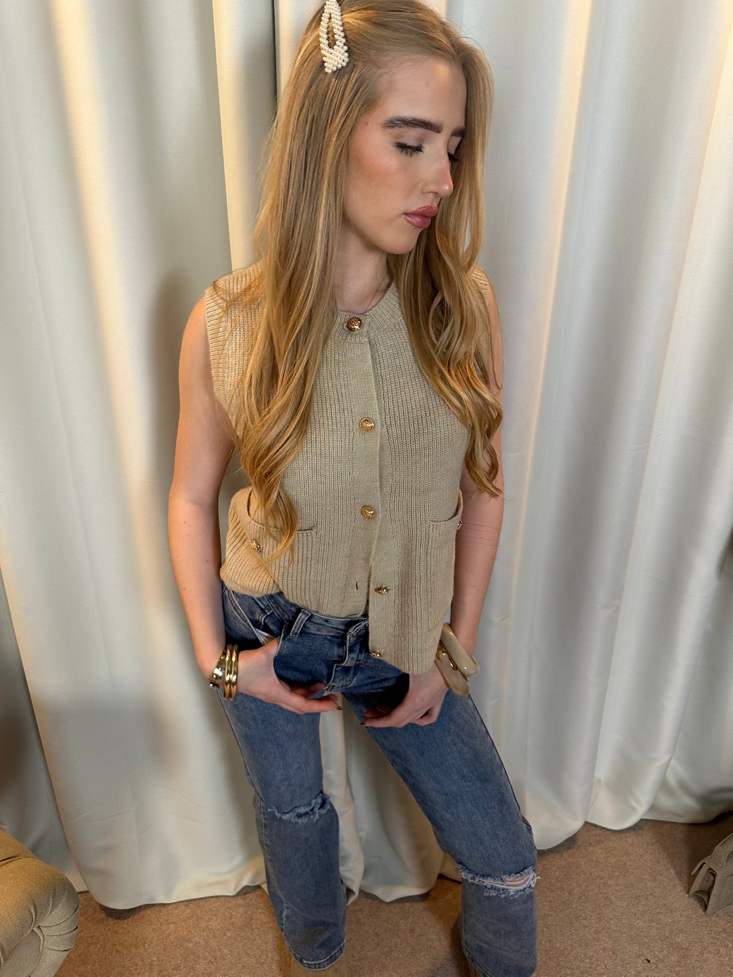 “Tilly” Knit Gold Button Up Vest in Sand