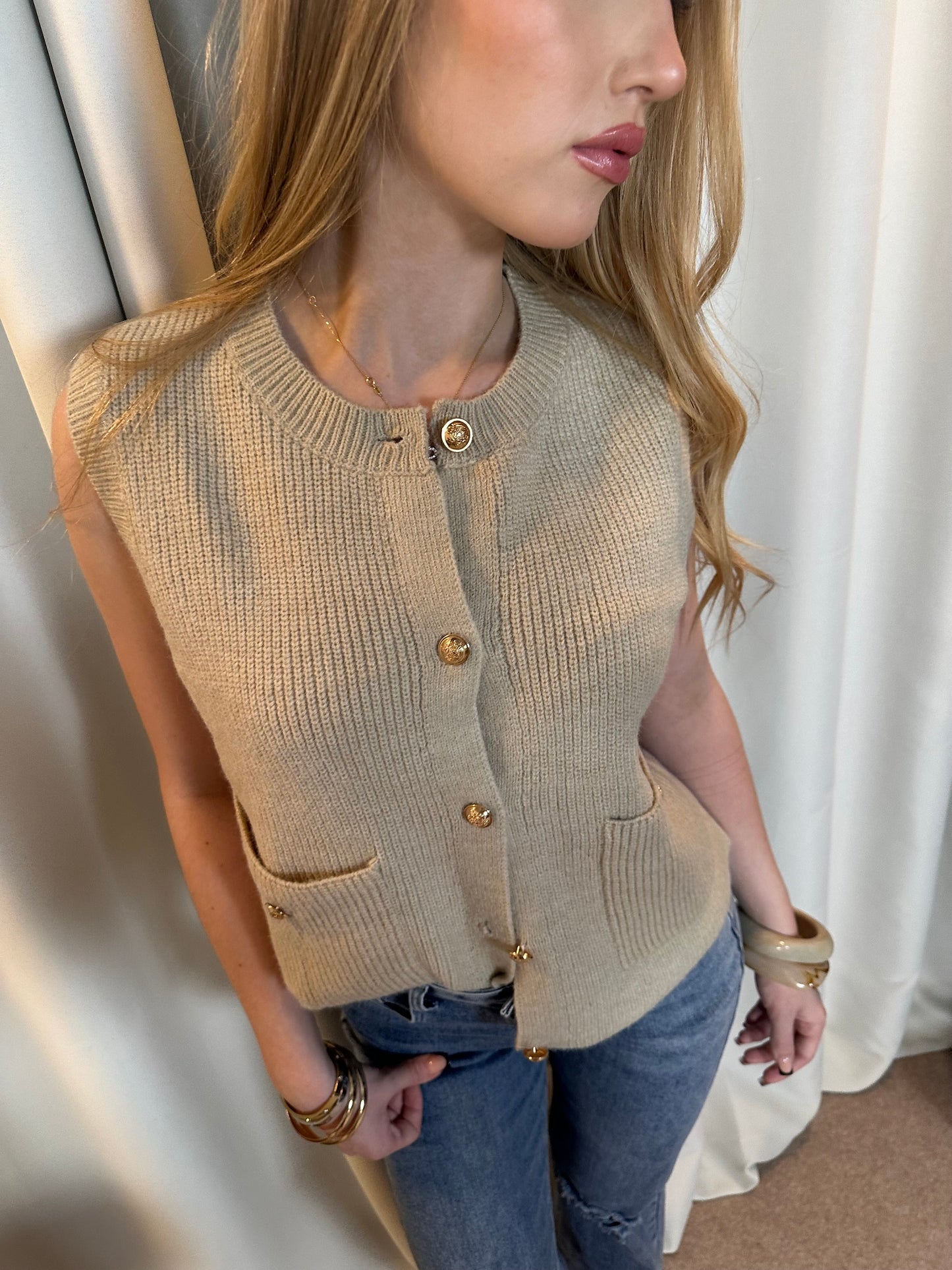 “Tilly” Knit Gold Button Up Vest in Sand