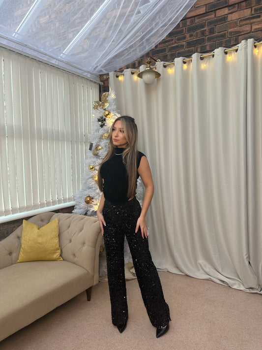 "Noelle" Velvet Wide Leg Sequin Trousers in Black