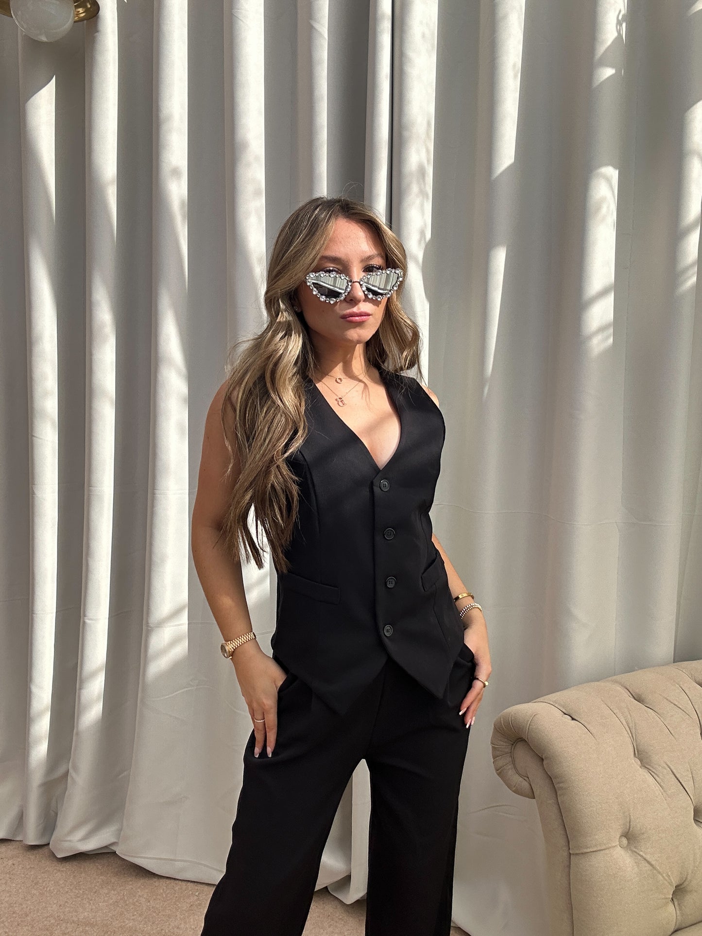 “Poppy” Waistcoat Wide Leg Suit in Black