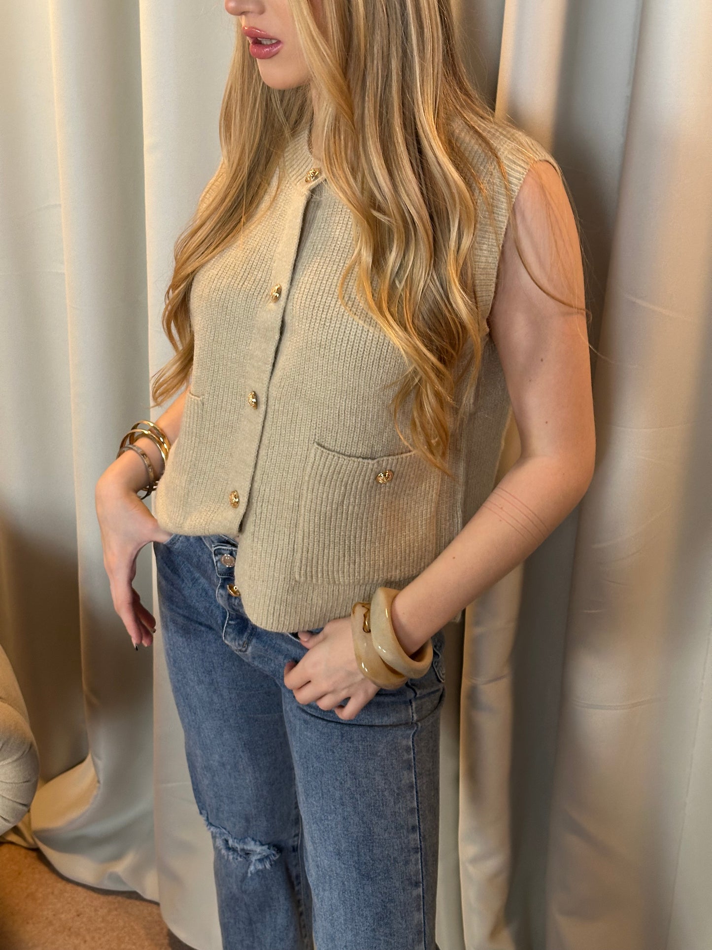 “Tilly” Knit Gold Button Up Vest in Sand