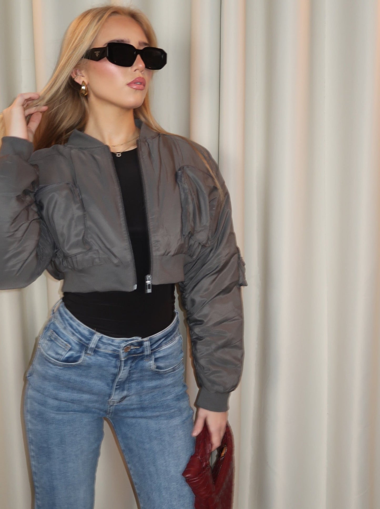 "Toni" Cropped Bomber Jacket In Grey