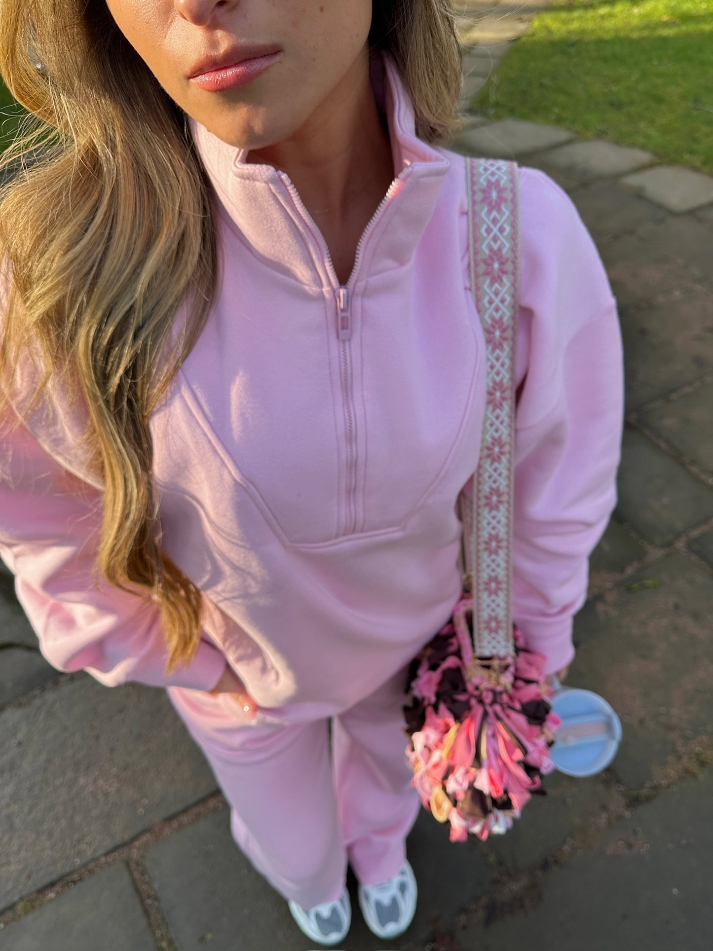 "Jessie" Quarter Zip Fleece Tracksuit in Baby Pink