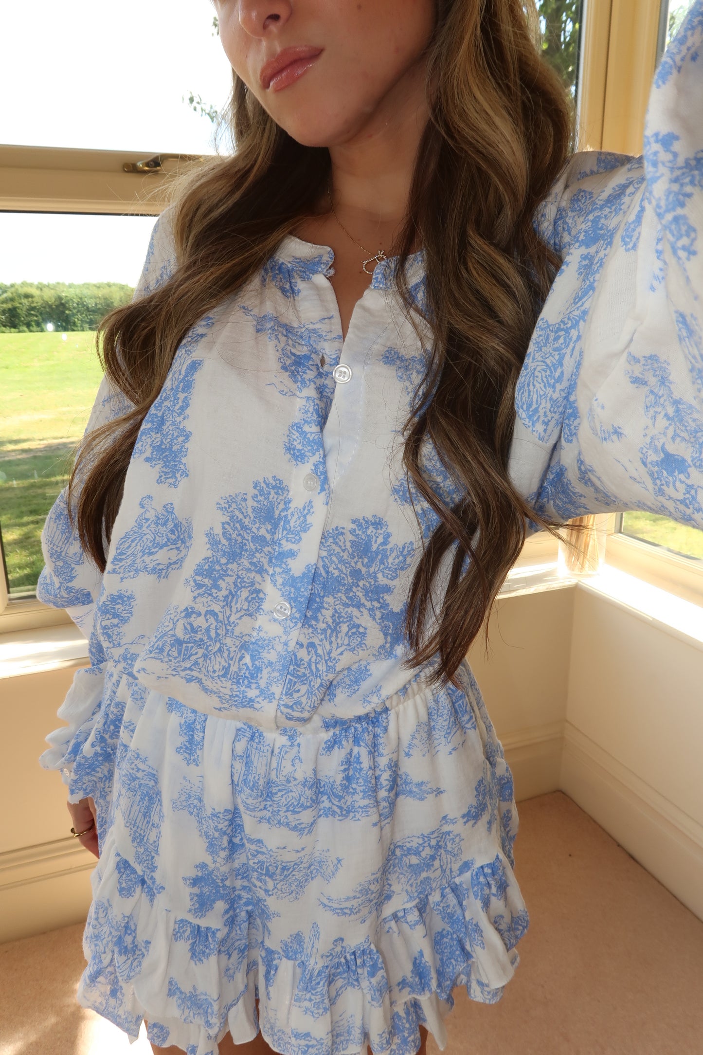 "Eleanor" Cotton Button Up Shirt and Skort in Blue