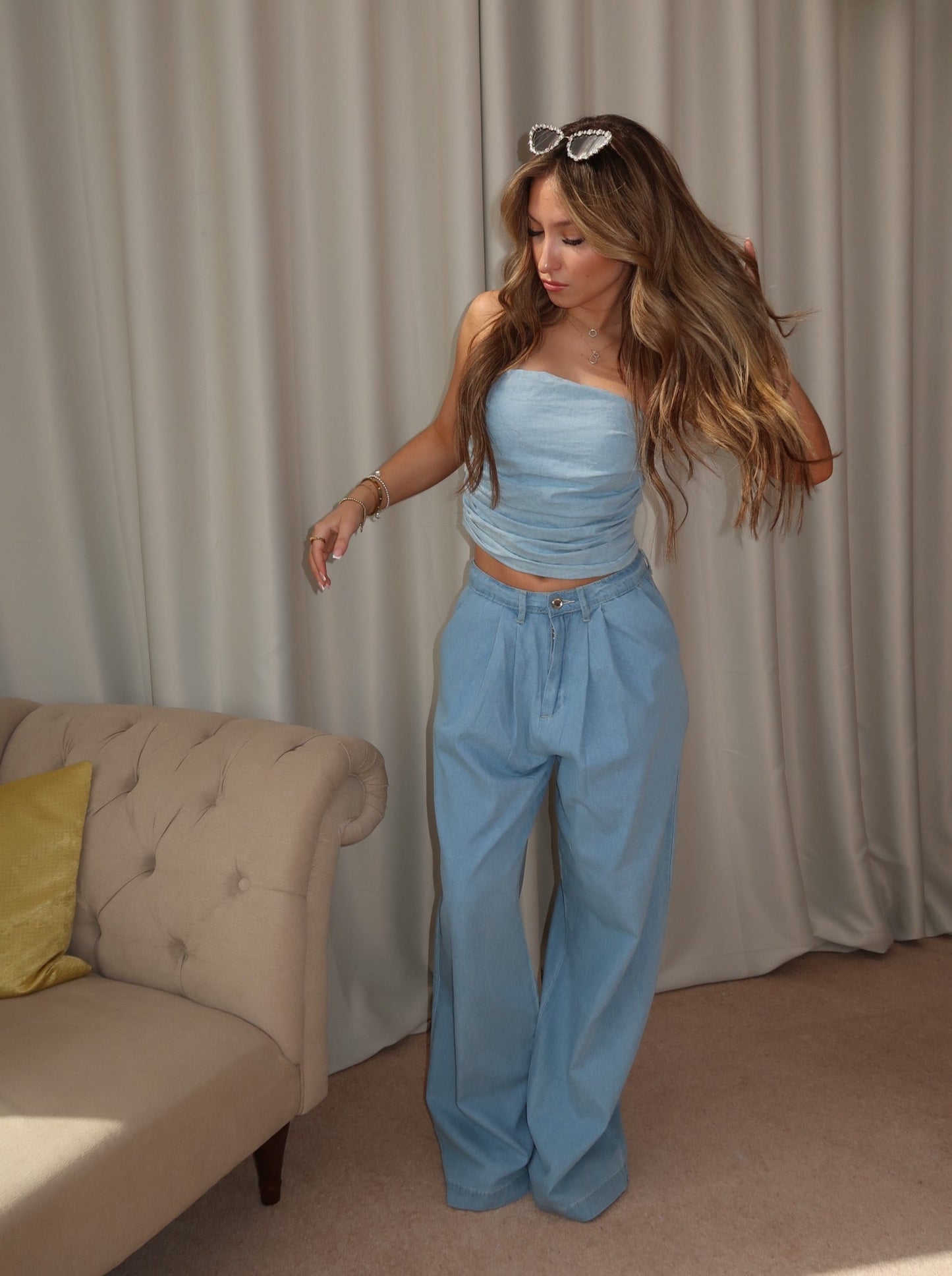 “Renee” Denim Bandeau Top and Drop Waist Trousers Co-ord