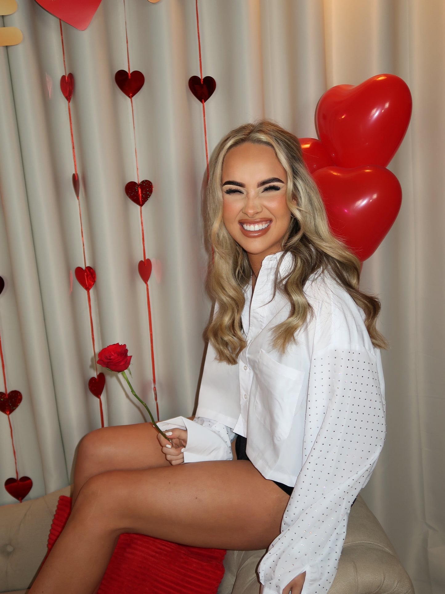 “Jade” Rhinestone Cropped Shirt in White