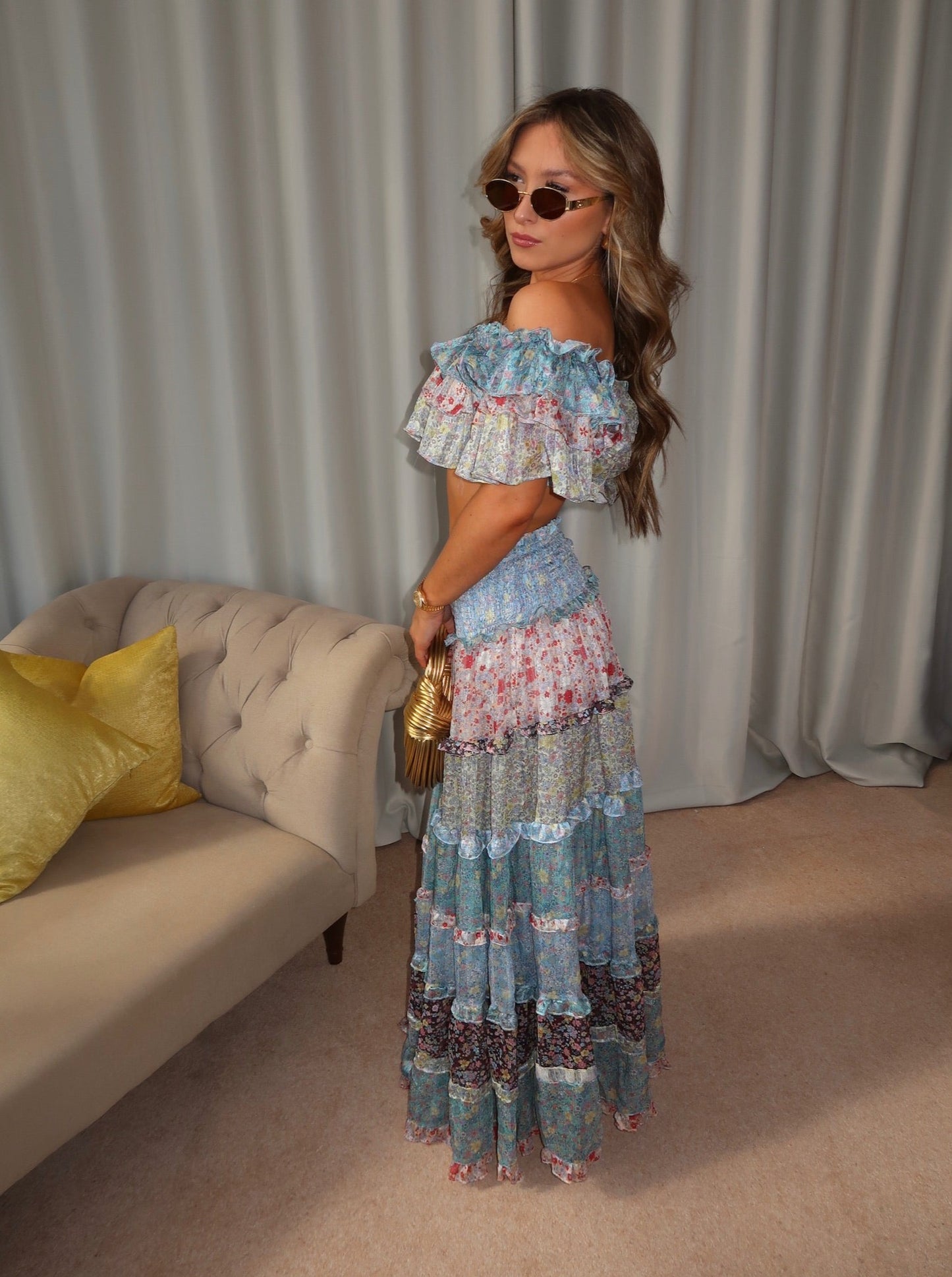 "Esmerelda" Boho Ruffle Skirt and Top Co-ord in Blue